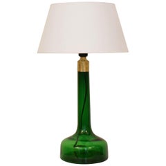 Midcentury French Green Glass and Brass Table Lamp, circa 1970