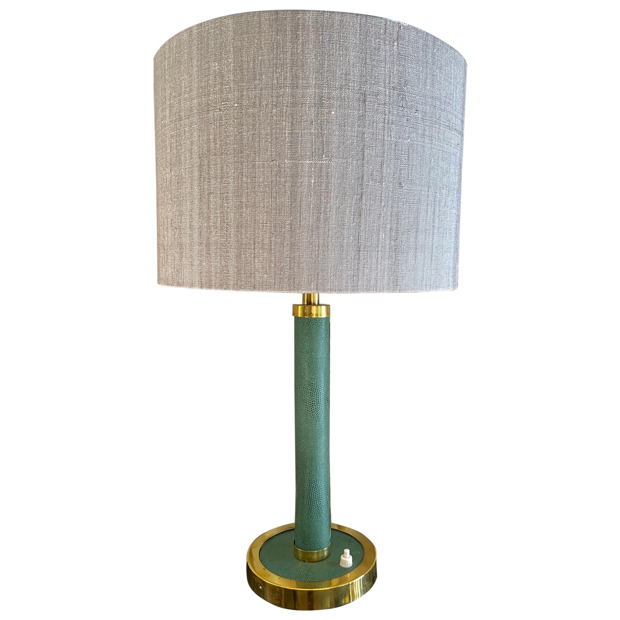 Midcentury French Green Leather and Brass Table Lamp