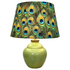 Midcentury French Green Wabi Sabi Ceramic Lamp with Colorful Lamp Shade, 1960