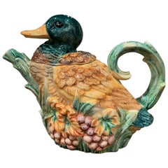Midcentury French Hand Painted Ceramic Barbotine Duck Coffee or Teapot