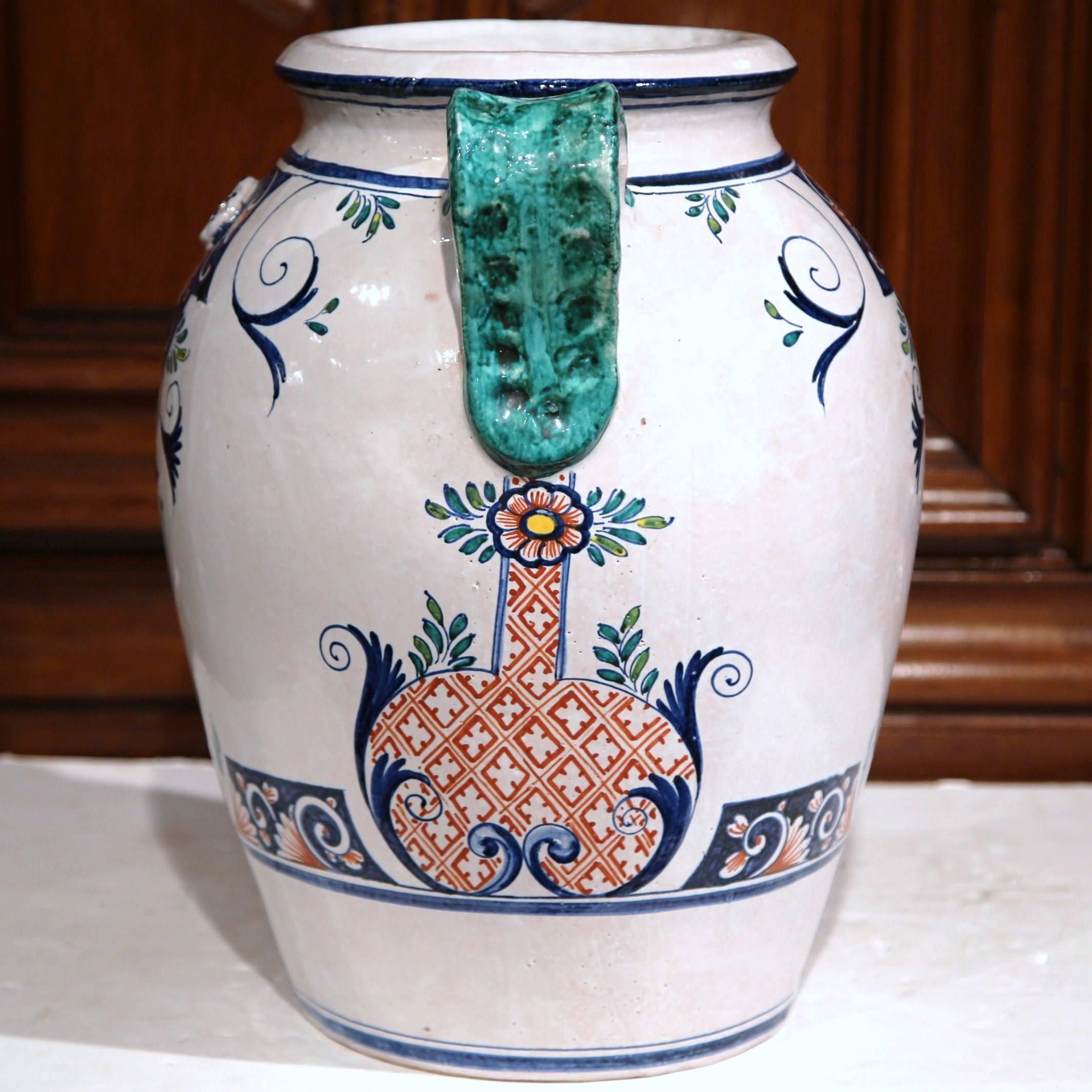 Hand-Painted Midcentury French Hand Painted Ceramic Vase from Normandy Signed Vincent Garnier For Sale