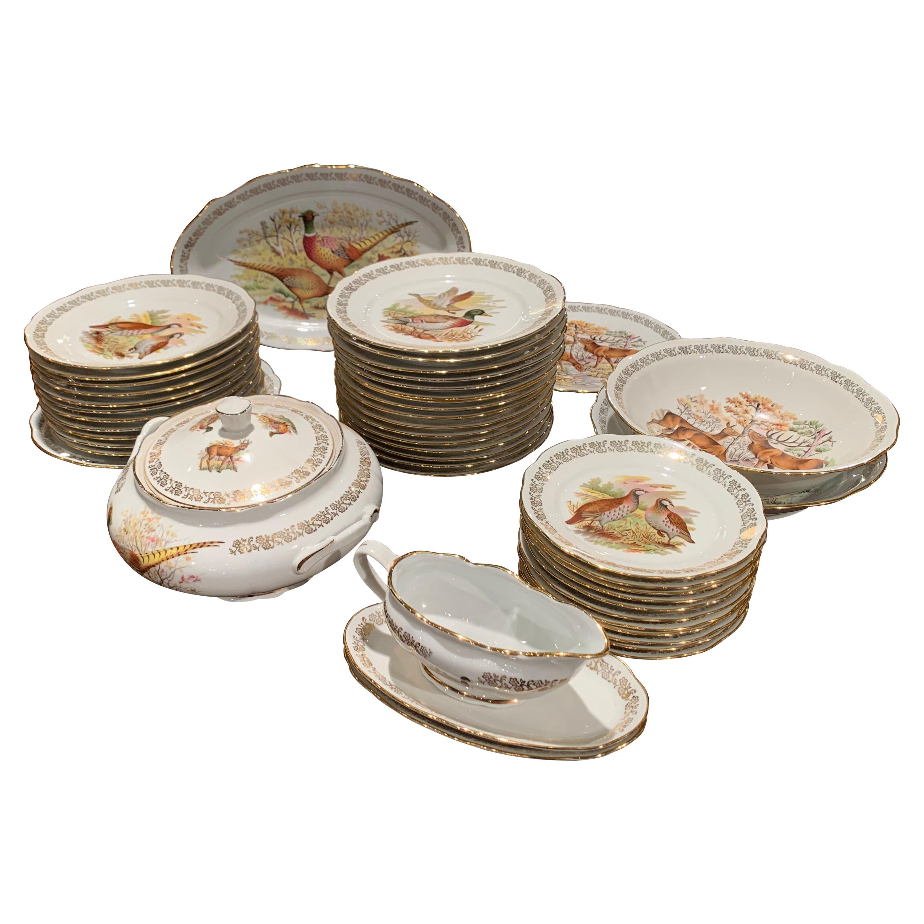 Midcentury French Hand Painted Porcelain and Gilt Hunt Motifs Dinnerware Set