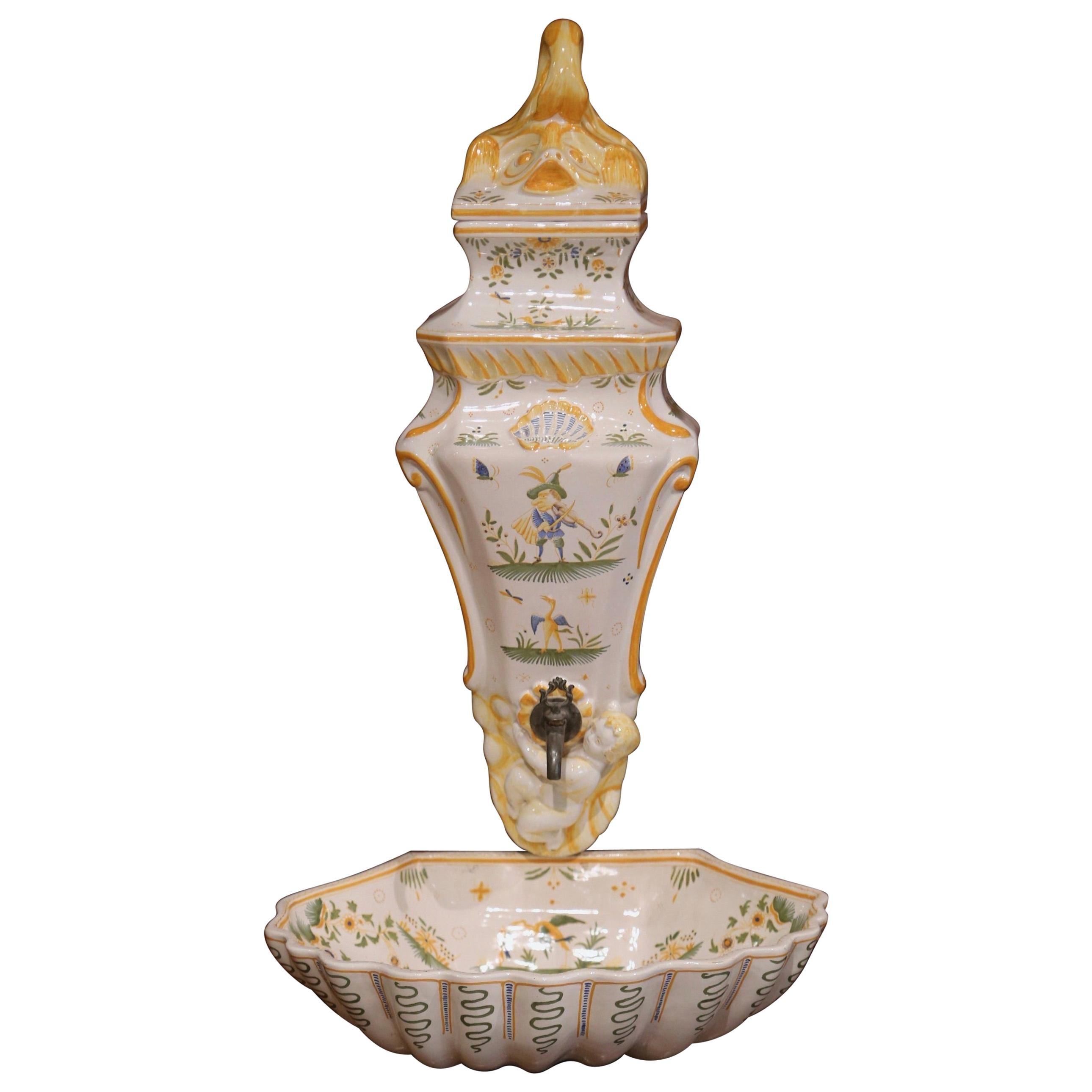 Midcentury French Hand Painted Wall Faience Lavabo Fountain from Moustiers