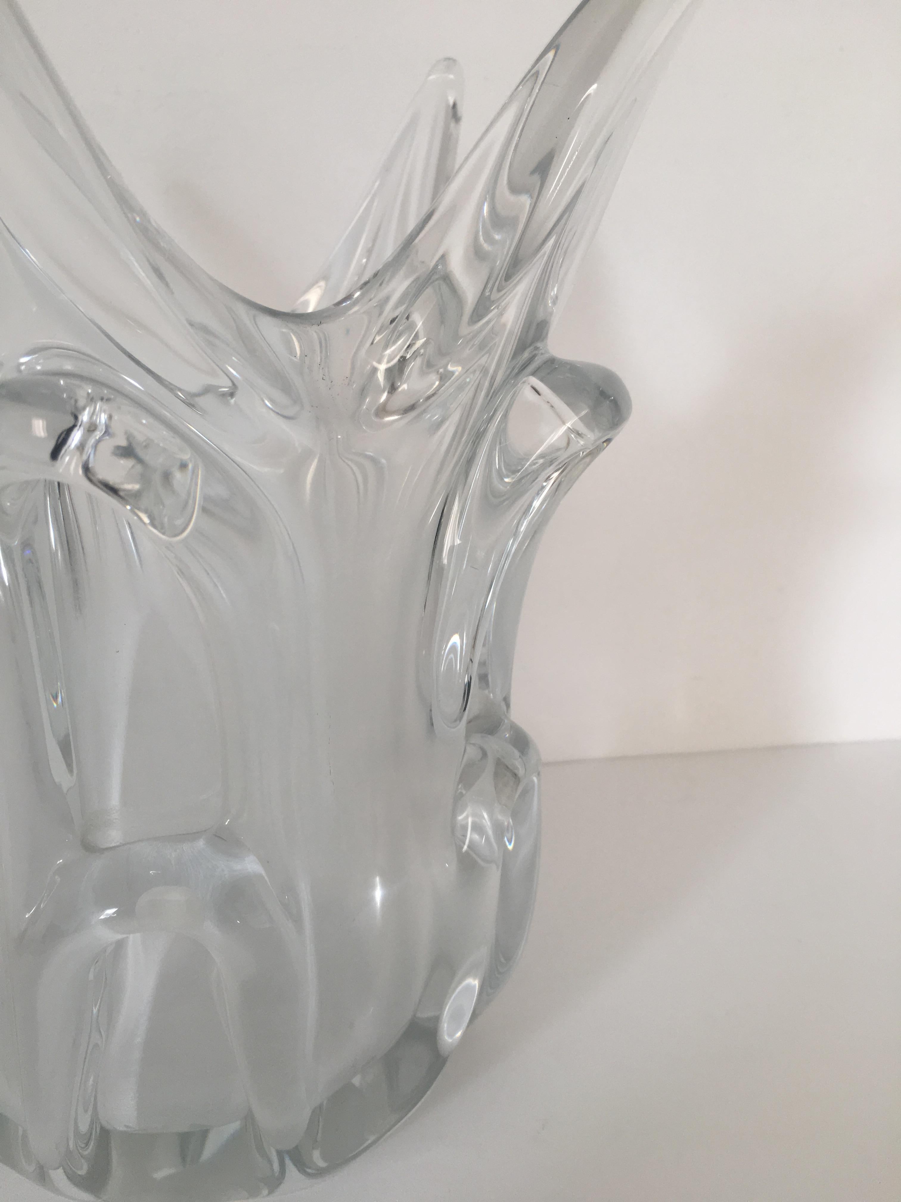 Midcentury French Crystal Glass Fluted Vase In Good Condition In Miami, FL