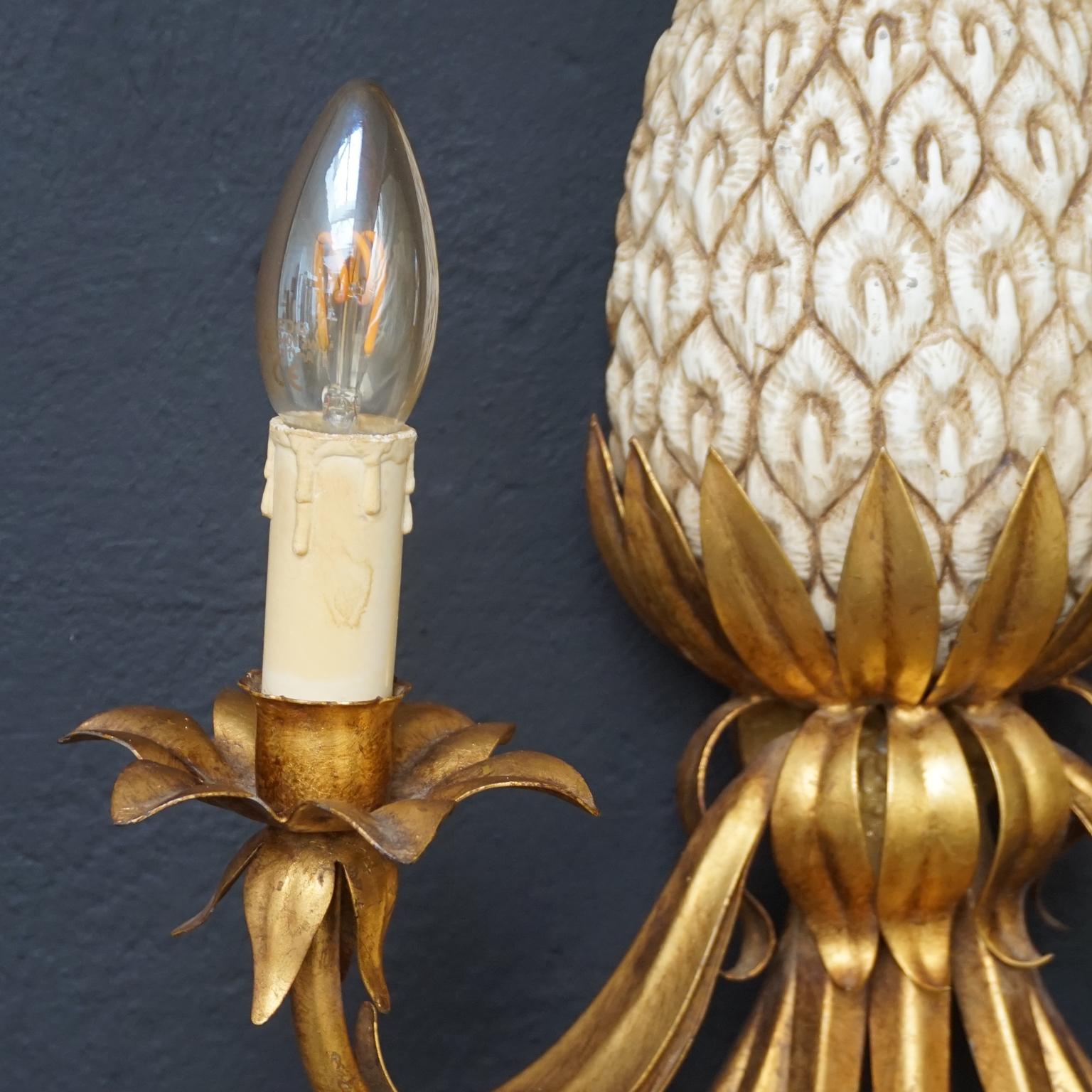 Painted Midcentury French Hollywood Regency Pineapple Maison Charles Style Wall Sconce