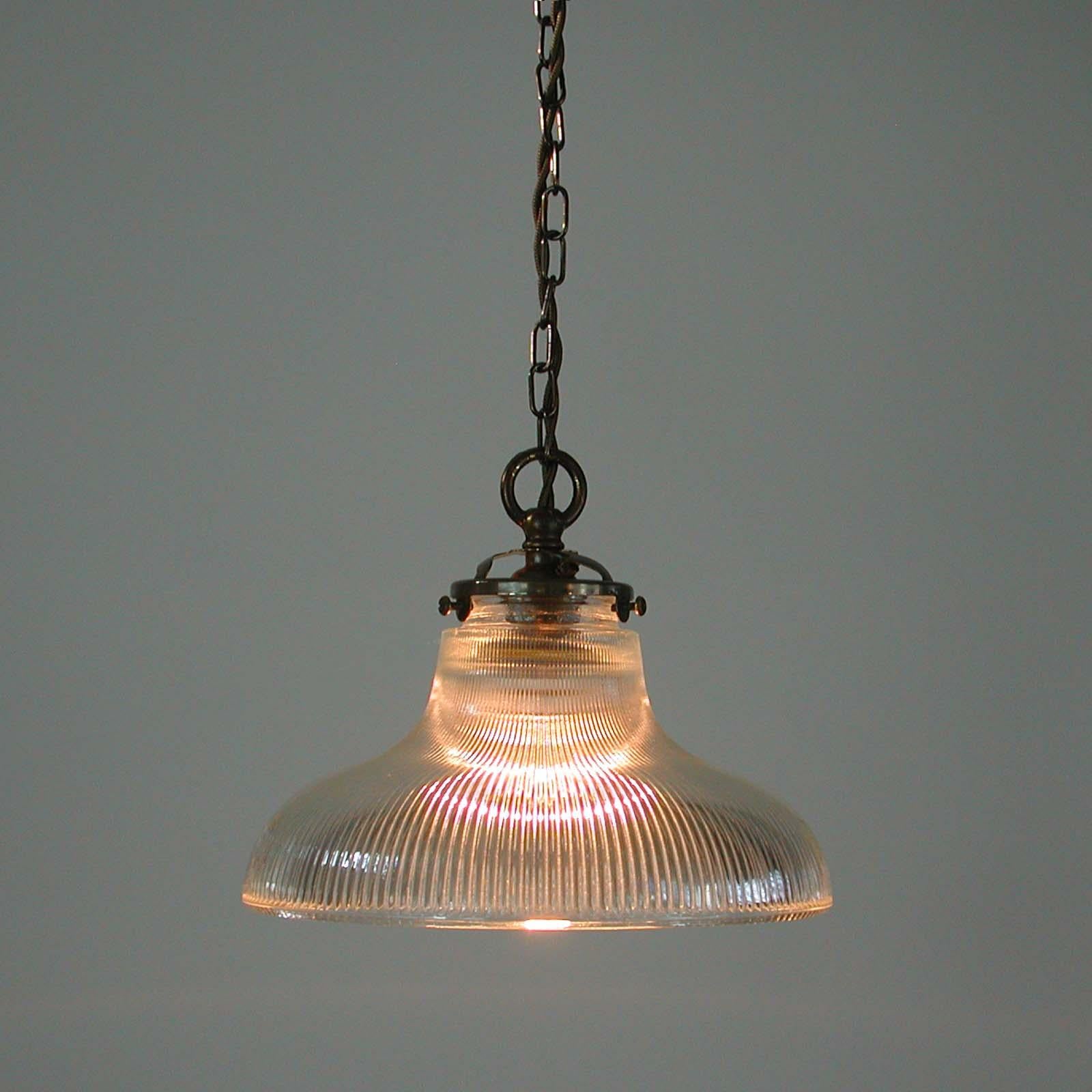 Midcentury French Holophane Industrial Glass Pendant Lamps, 1950s, Set of Two 6