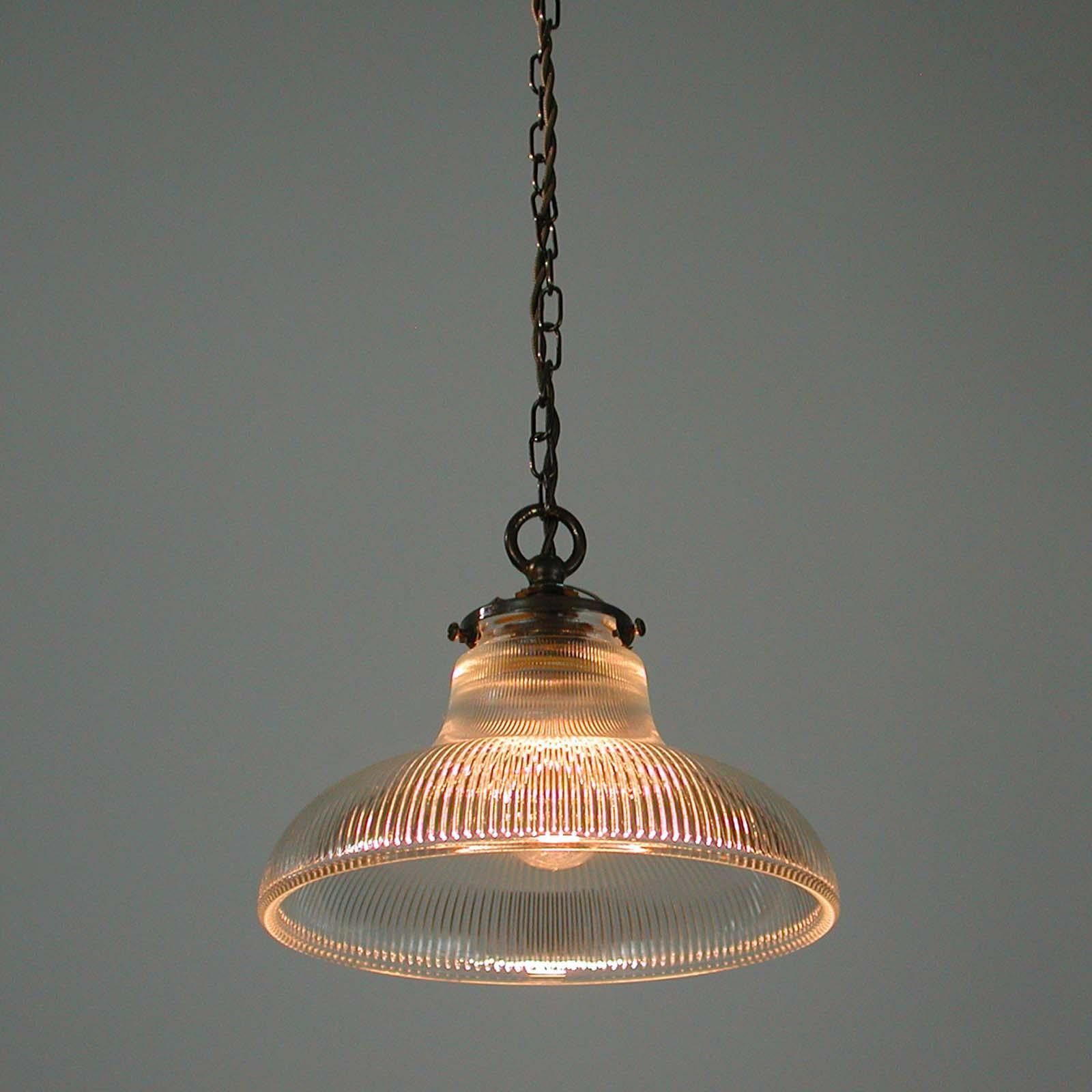 Midcentury French Holophane Industrial Glass Pendant Lamps, 1950s, Set of Two 7
