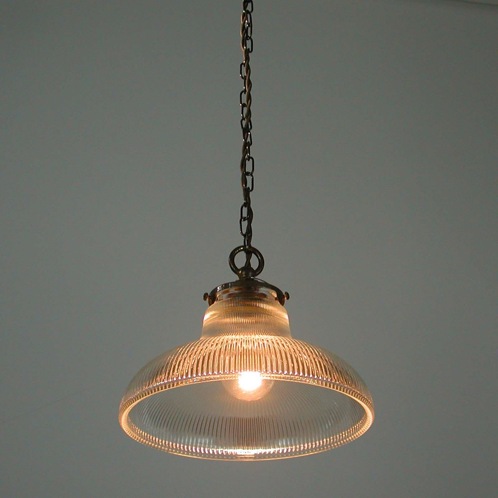 Midcentury French Holophane Industrial Glass Pendant Lamps, 1950s, Set of Two 8