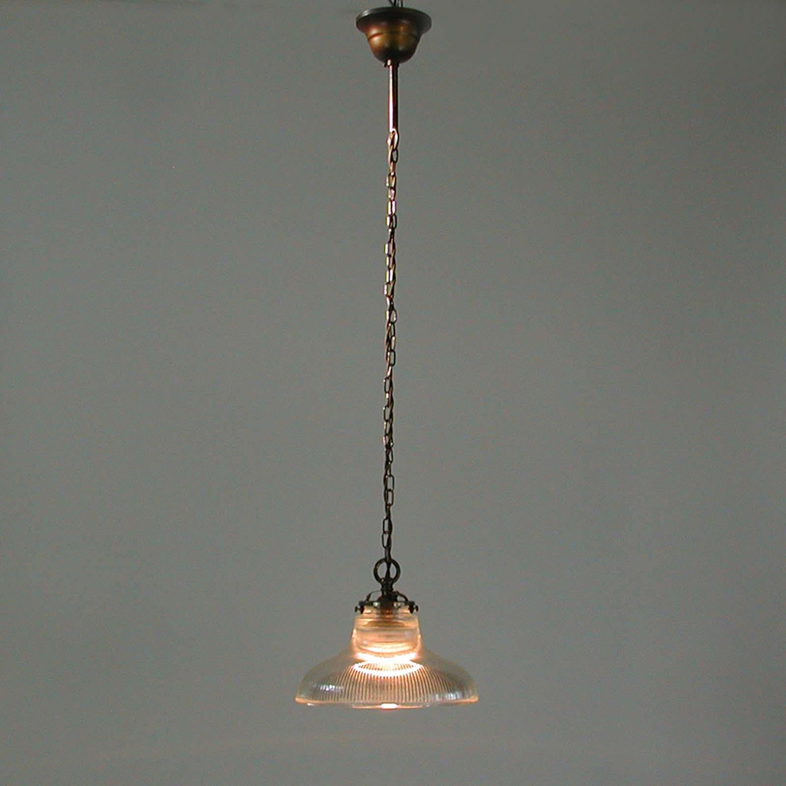 Midcentury French Holophane Industrial Glass Pendant Lamps, 1950s, Set of Two 9