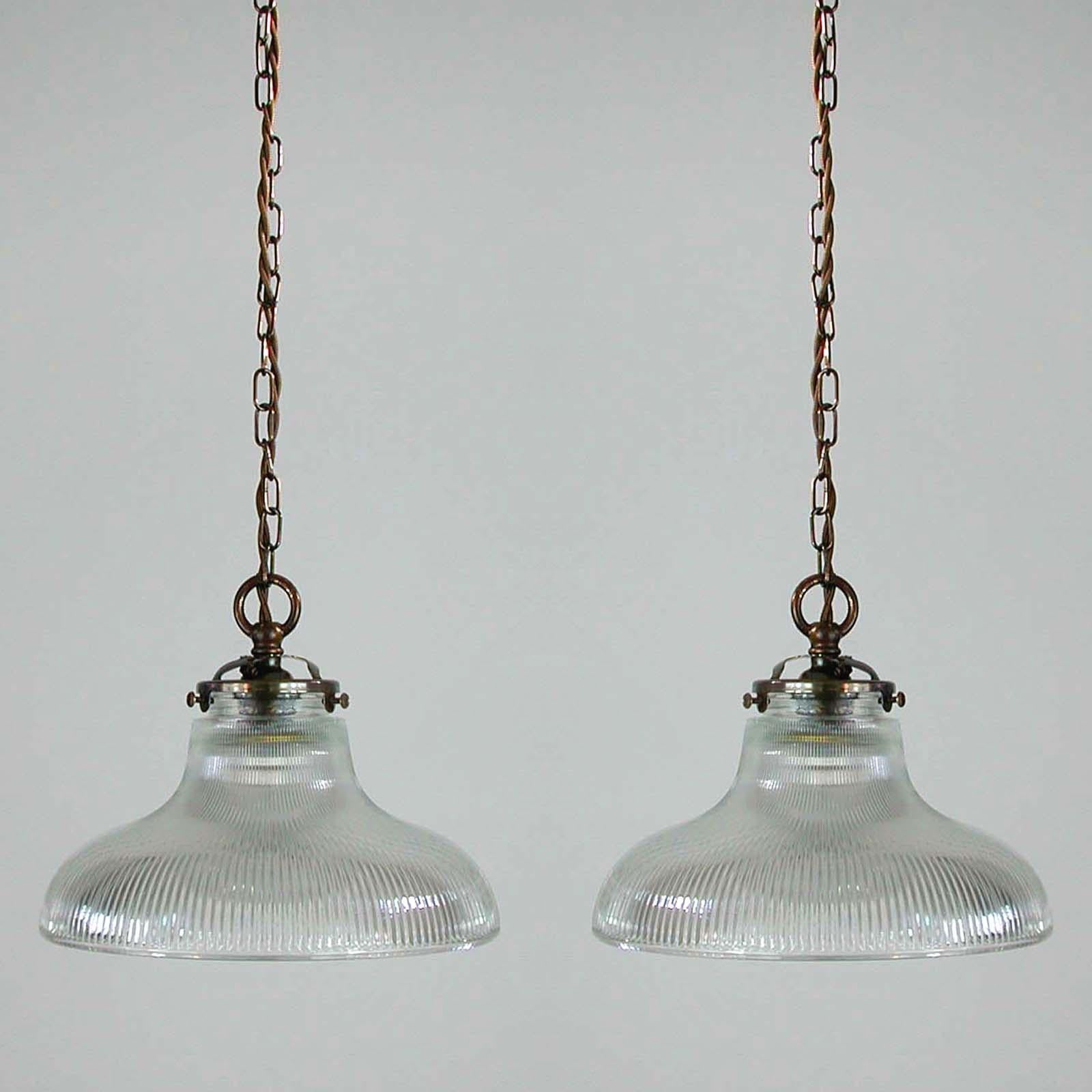 Mid-20th Century Midcentury French Holophane Industrial Glass Pendant Lamps, 1950s, Set of Two
