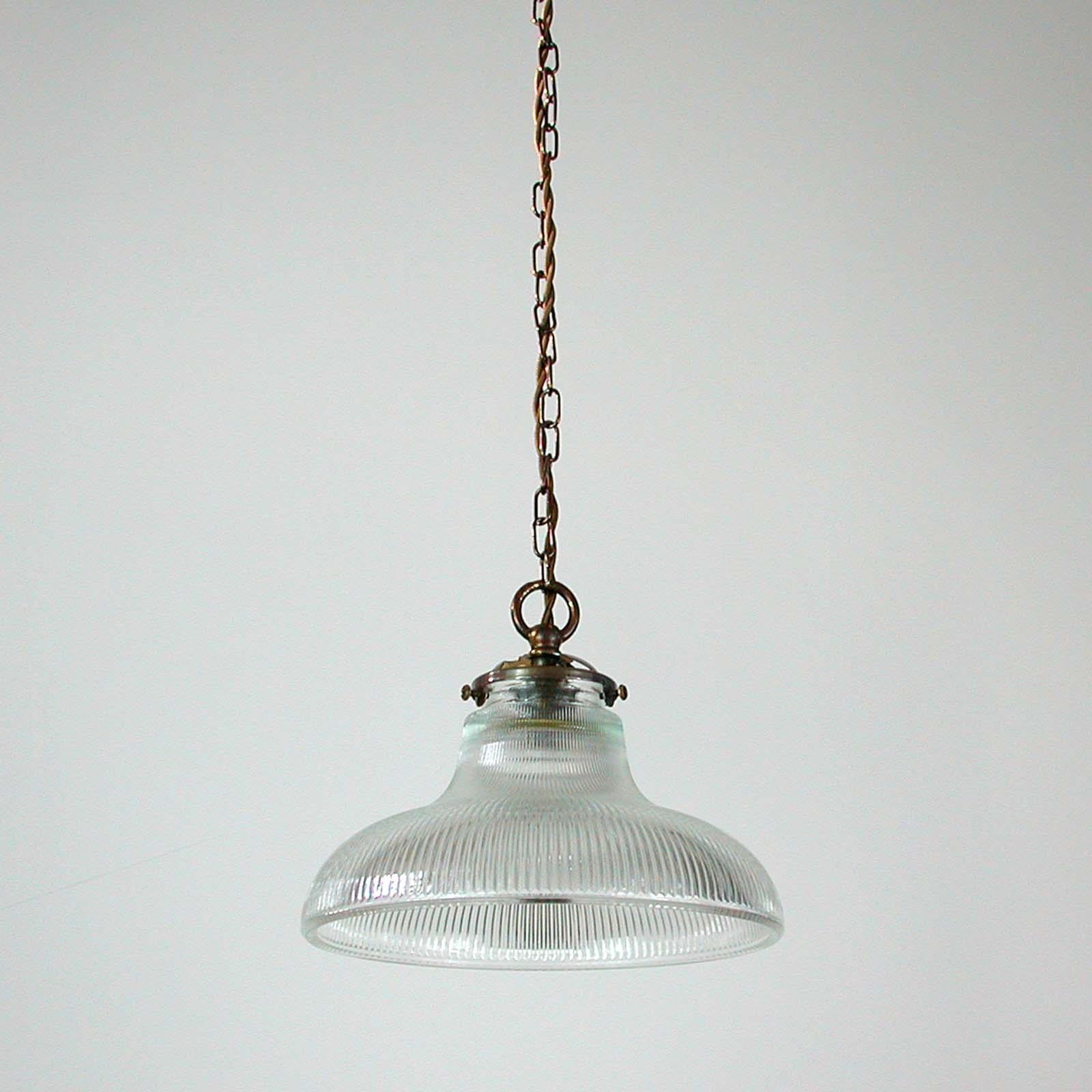 Midcentury French Holophane Industrial Glass Pendant Lamps, 1950s, Set of Two 1
