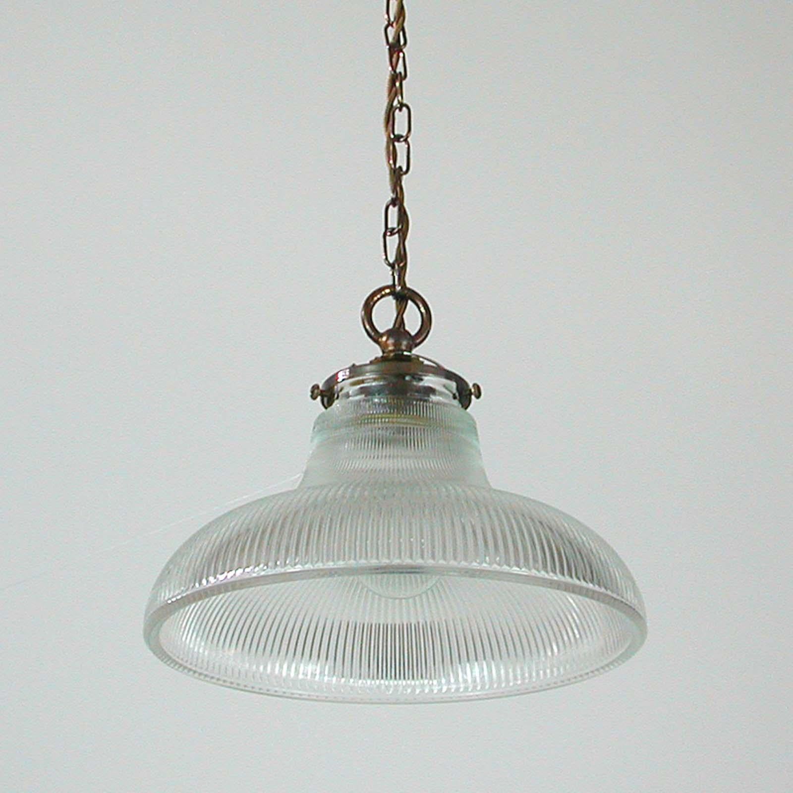 Midcentury French Holophane Industrial Glass Pendant Lamps, 1950s, Set of Two 2