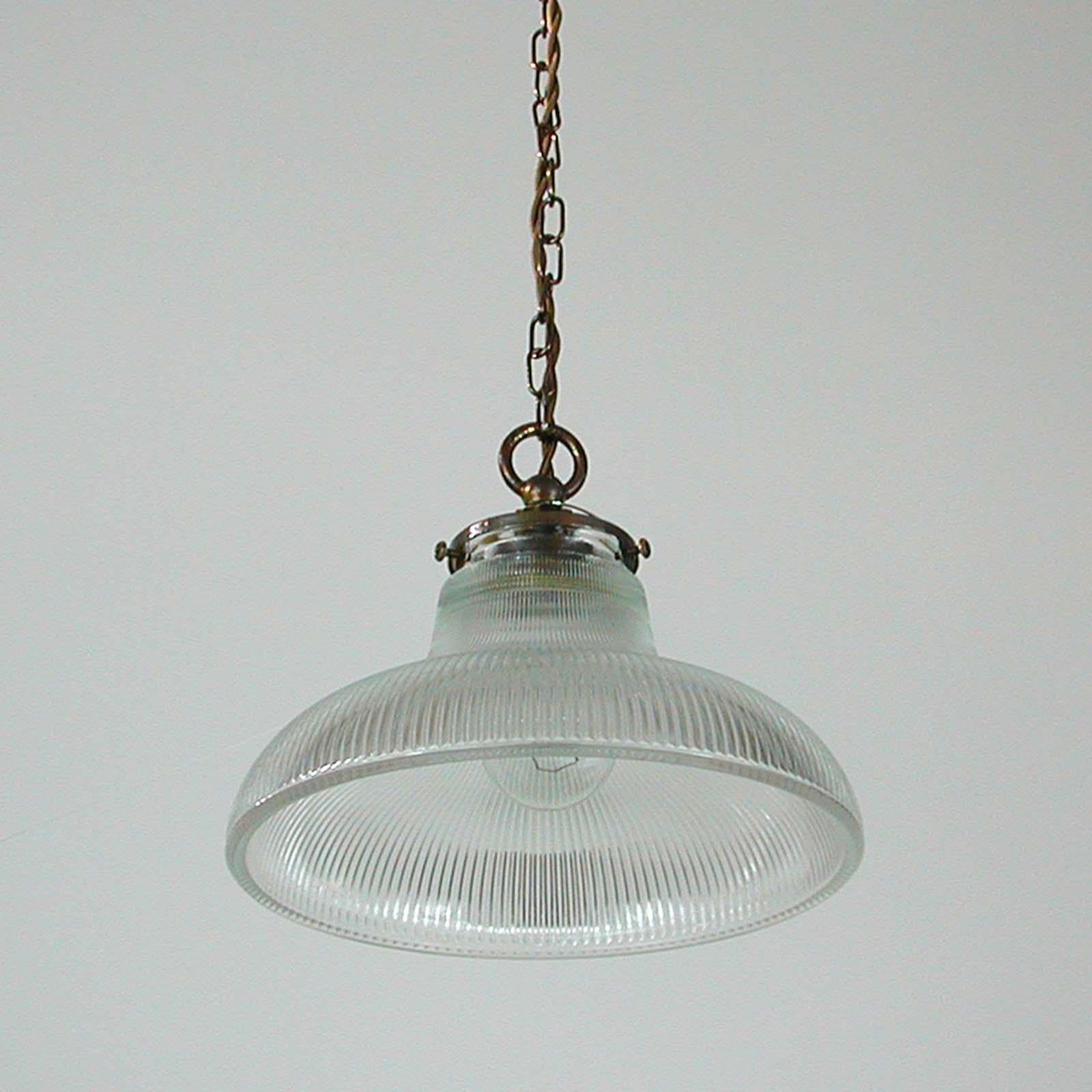 Midcentury French Holophane Industrial Glass Pendant Lamps, 1950s, Set of Two 3