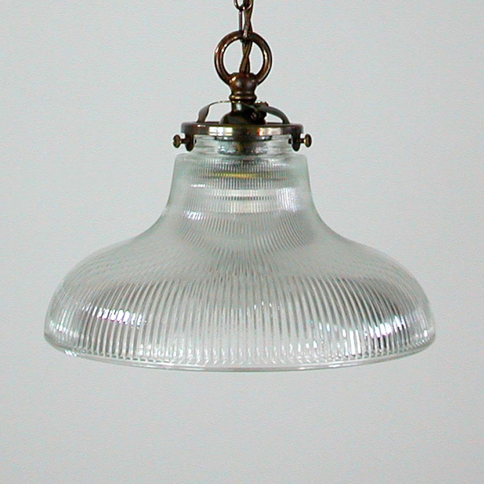 Midcentury French Holophane Industrial Glass Pendant Lamps, 1950s, Set of Two 4