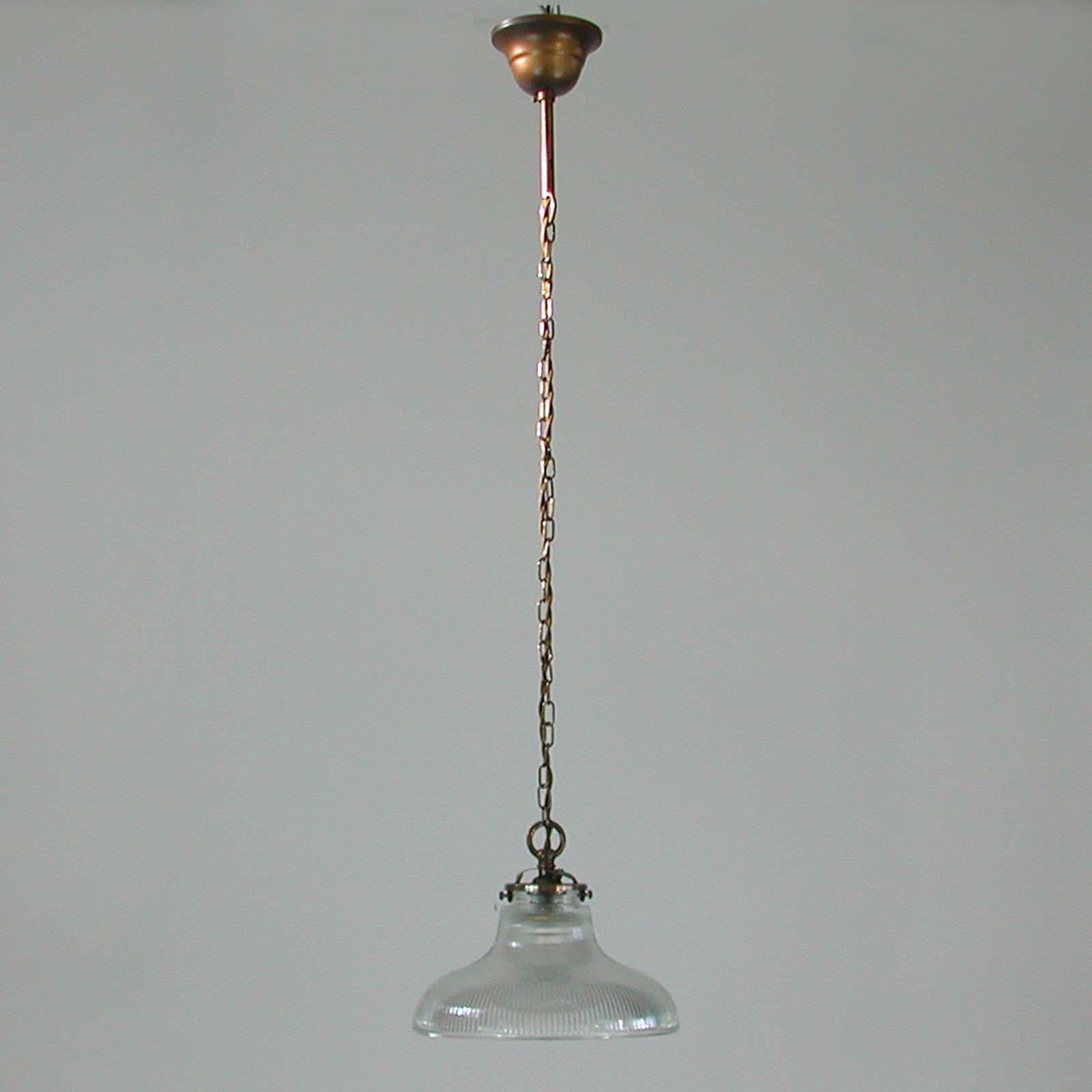 Midcentury French Holophane Industrial Glass Pendant Lamps, 1950s, Set of Two 5