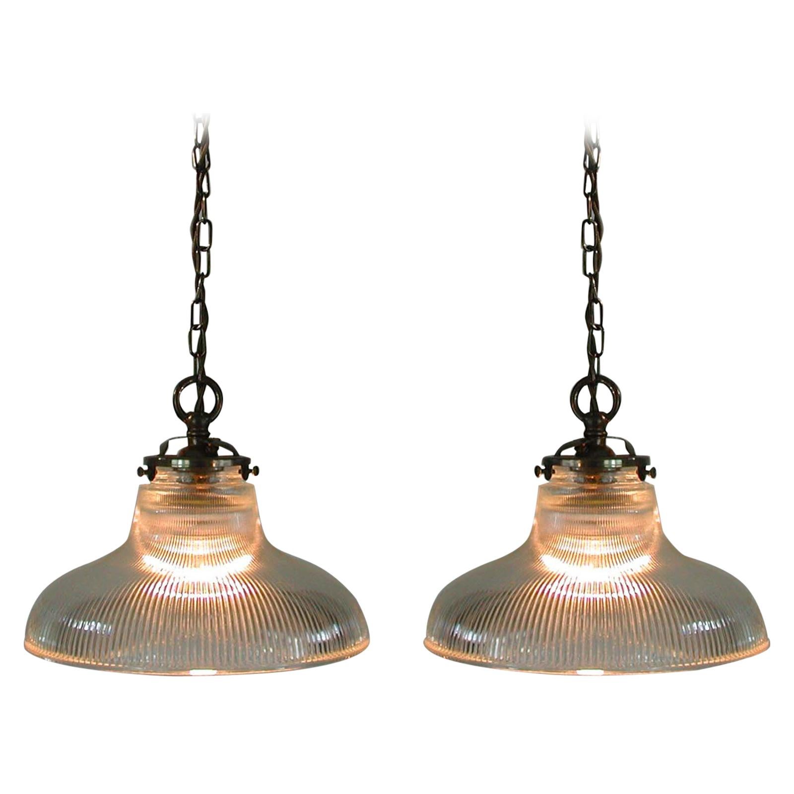 Midcentury French Holophane Industrial Glass Pendant Lamps, 1950s, Set of Two