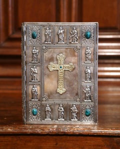 Midcentury French Holy Bible with Silver Plated Repousse Cover Dated 1960