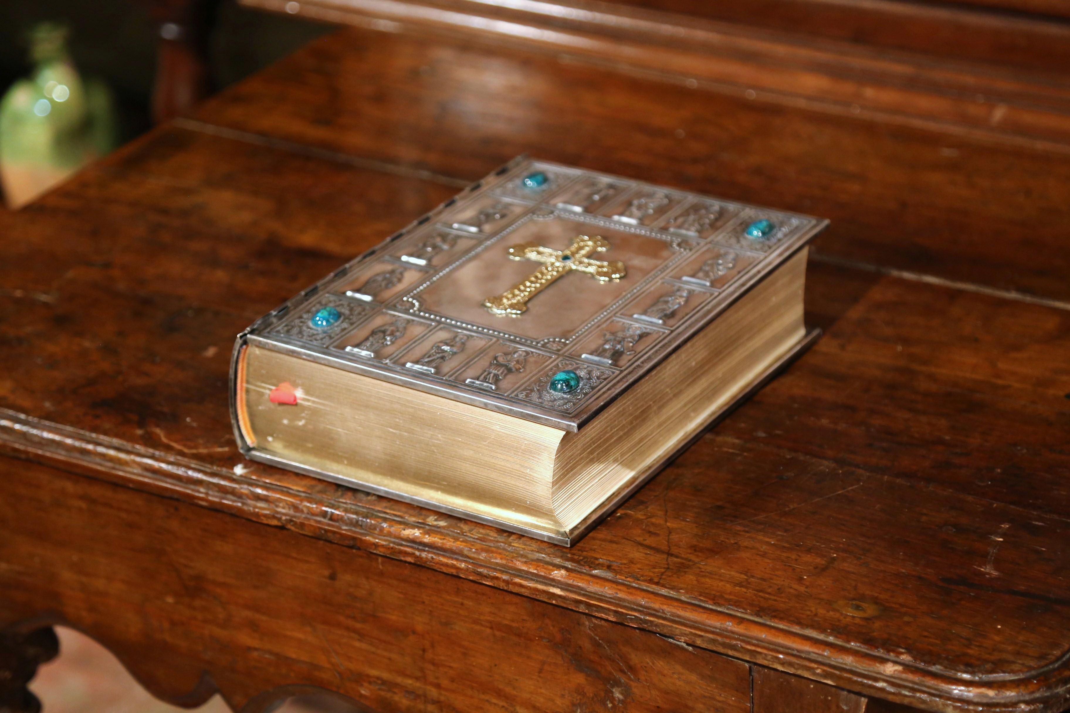 Repoussé Midcentury French Holy Bible with Silver Plated Repousse Cover Dated 1960