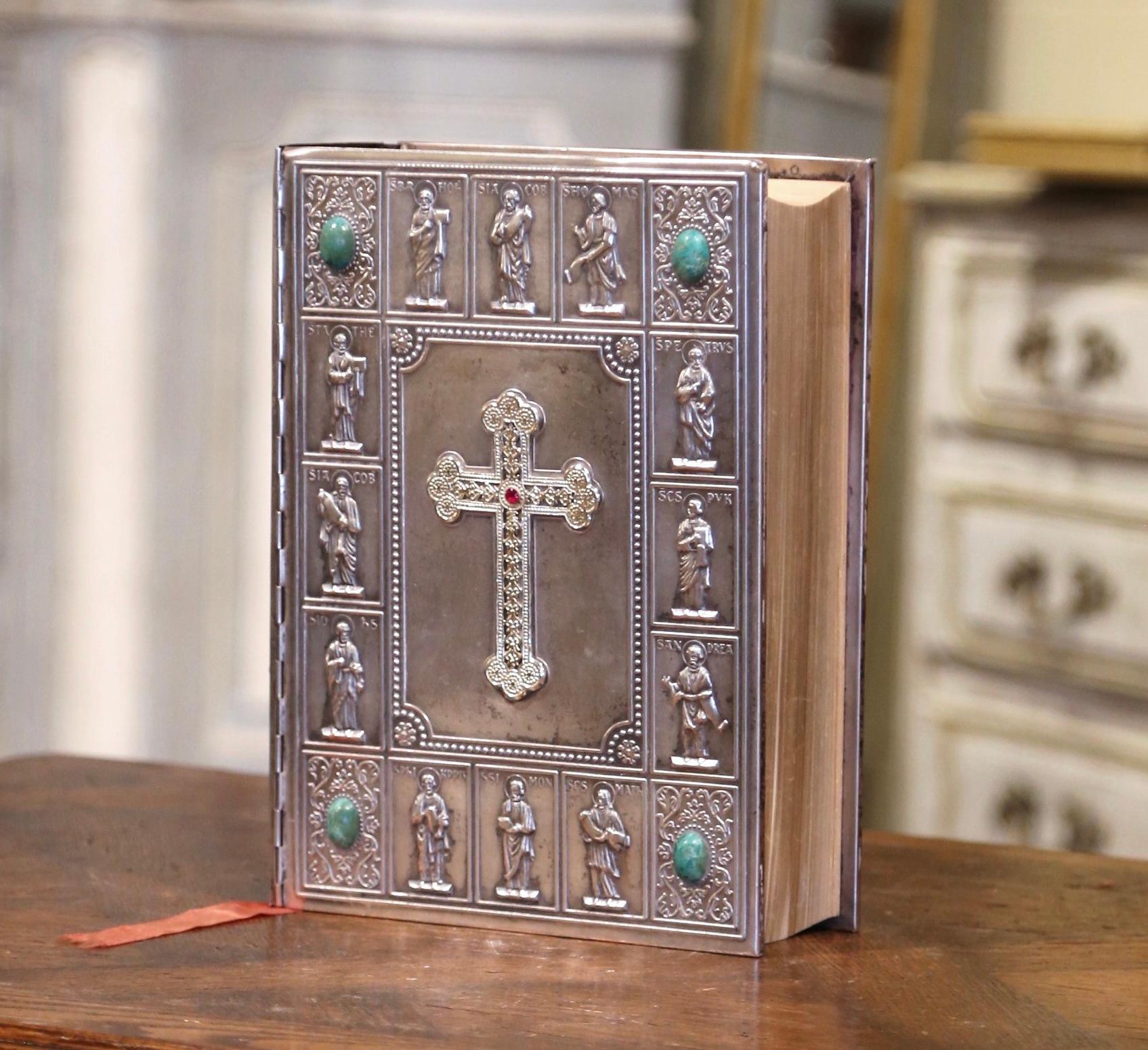 Hand-Crafted Mid-Century French Holy Bible with Silver Plated Repousse Cover Dated 1960