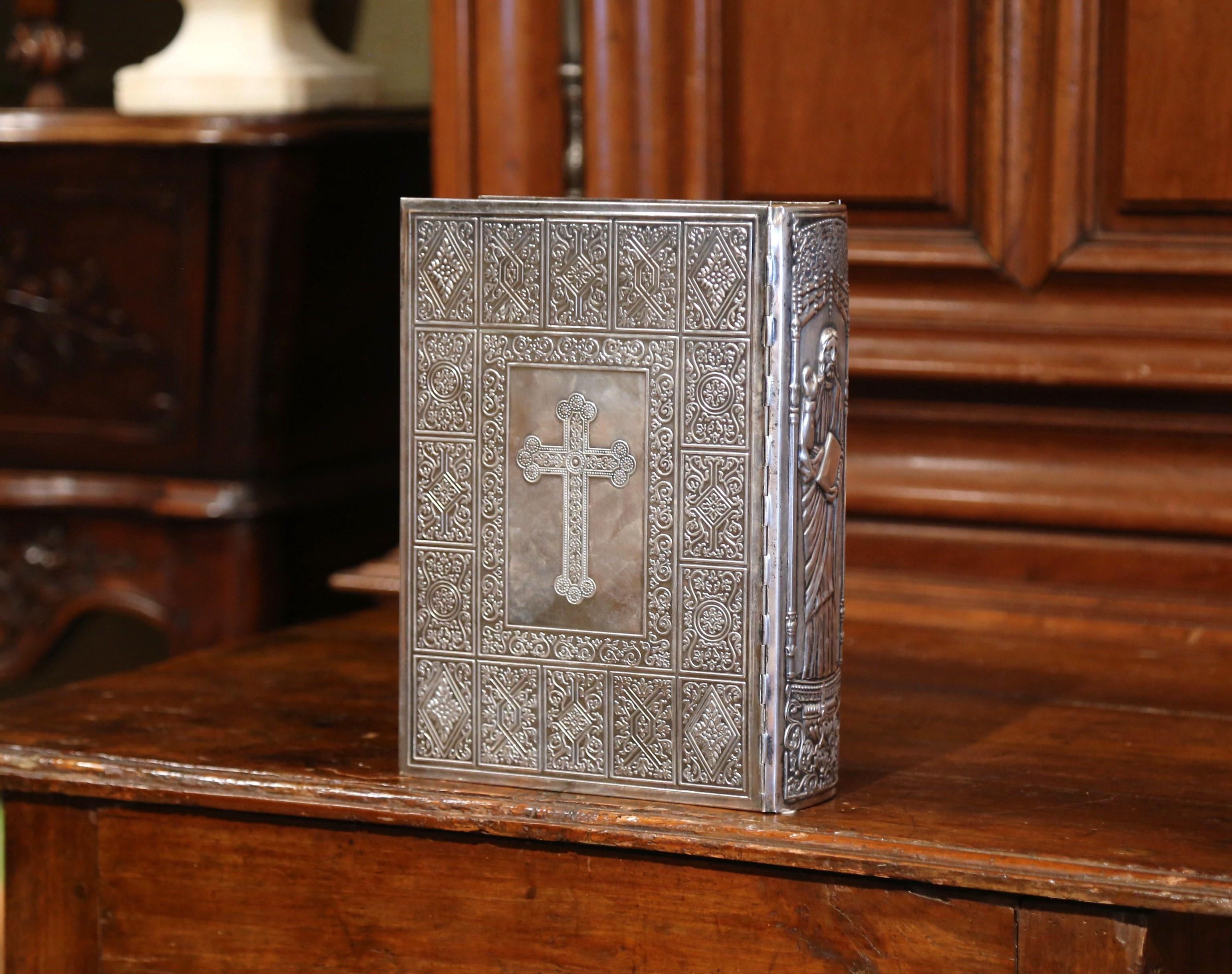 Midcentury French Holy Bible with Silver Plated Repousse Cover Dated 1960 2