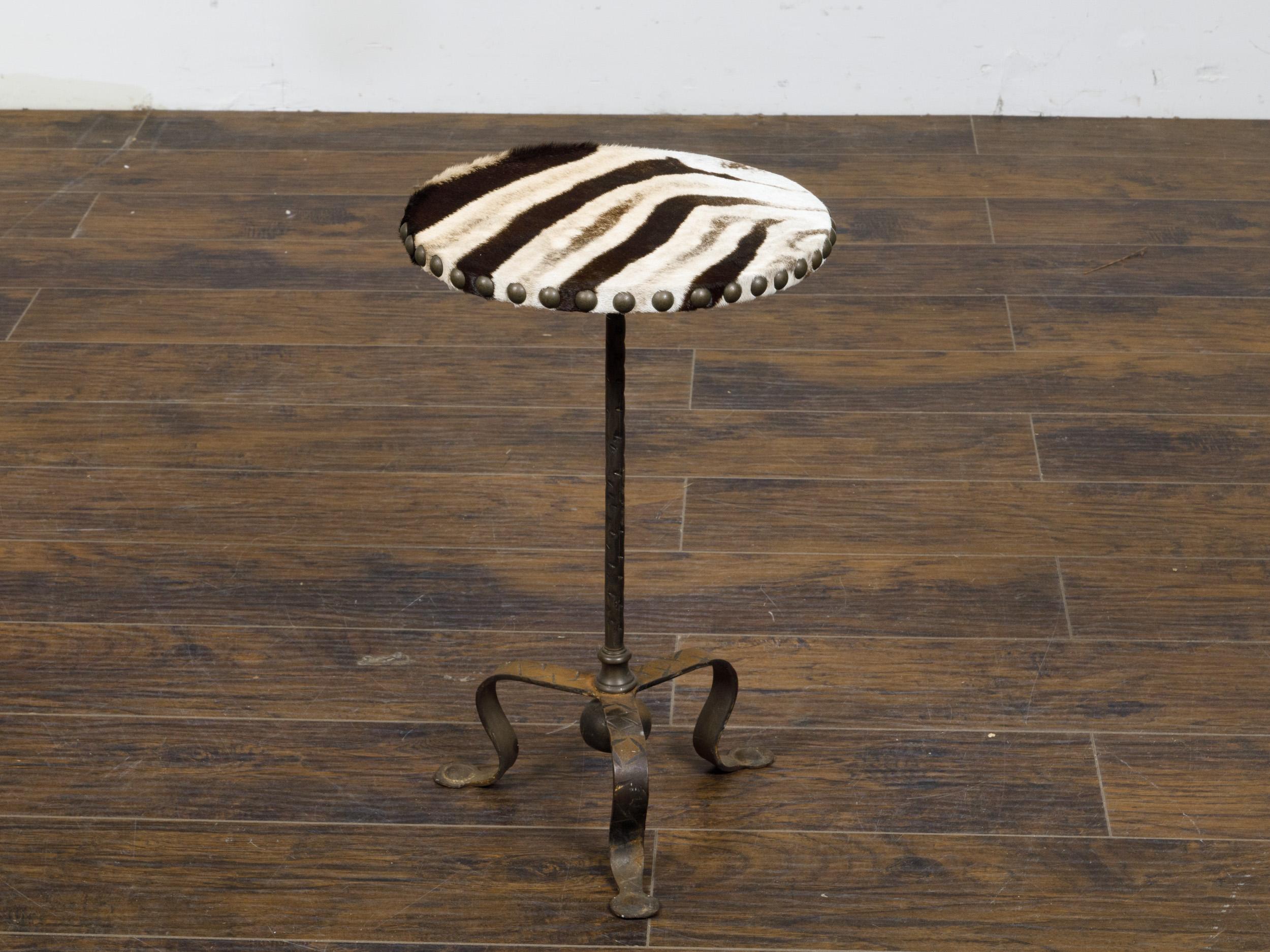 Midcentury French Iron and Zebra Hide Guéridon Table with Tripod Scrolling Base For Sale 5