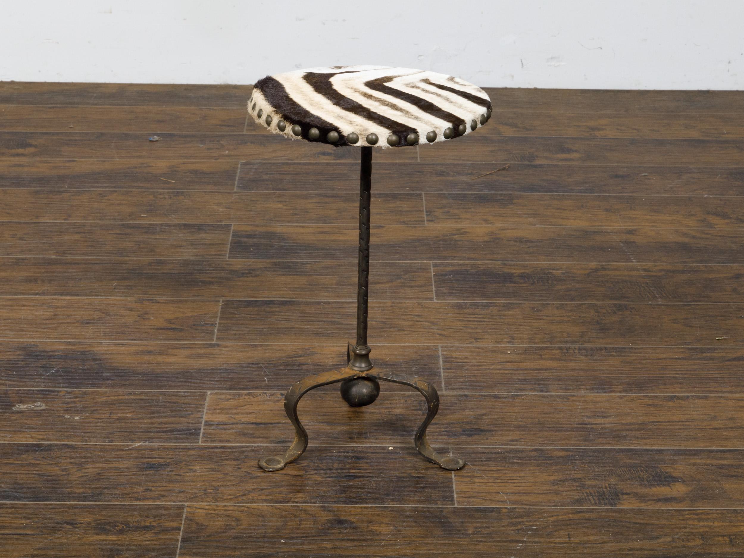 Mid-Century Modern Midcentury French Iron and Zebra Hide Guéridon Table with Tripod Scrolling Base For Sale