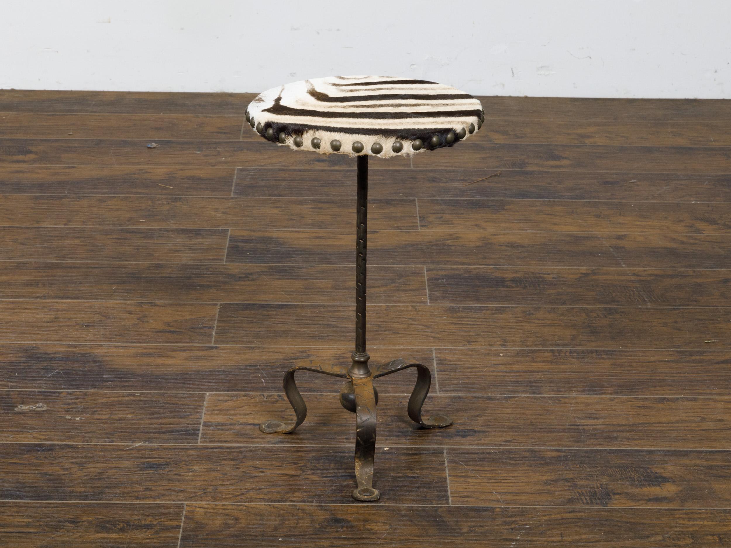 Midcentury French Iron and Zebra Hide Guéridon Table with Tripod Scrolling Base In Good Condition For Sale In Atlanta, GA