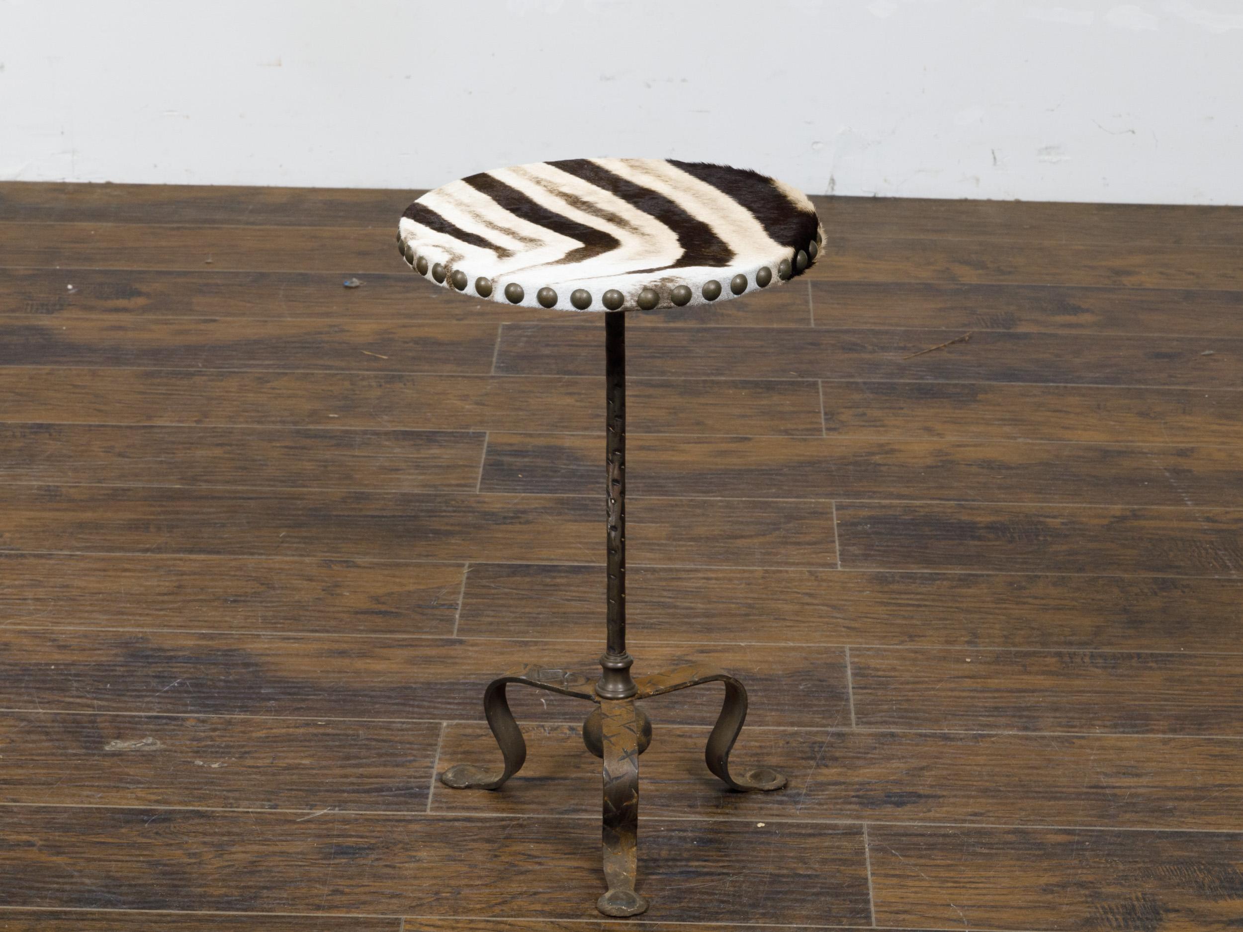 20th Century Midcentury French Iron and Zebra Hide Guéridon Table with Tripod Scrolling Base For Sale