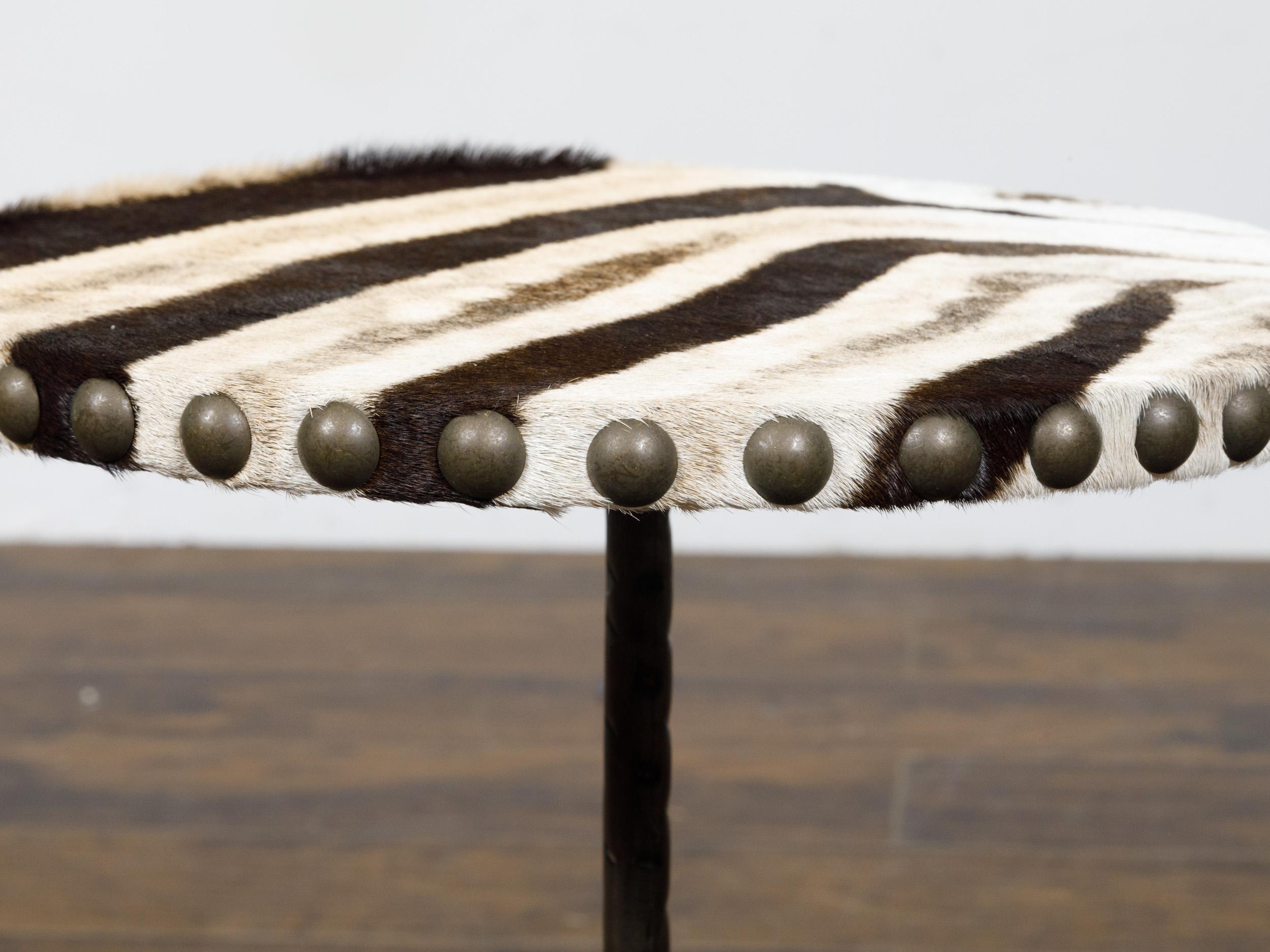 Midcentury French Iron and Zebra Hide Guéridon Table with Tripod Scrolling Base For Sale 3