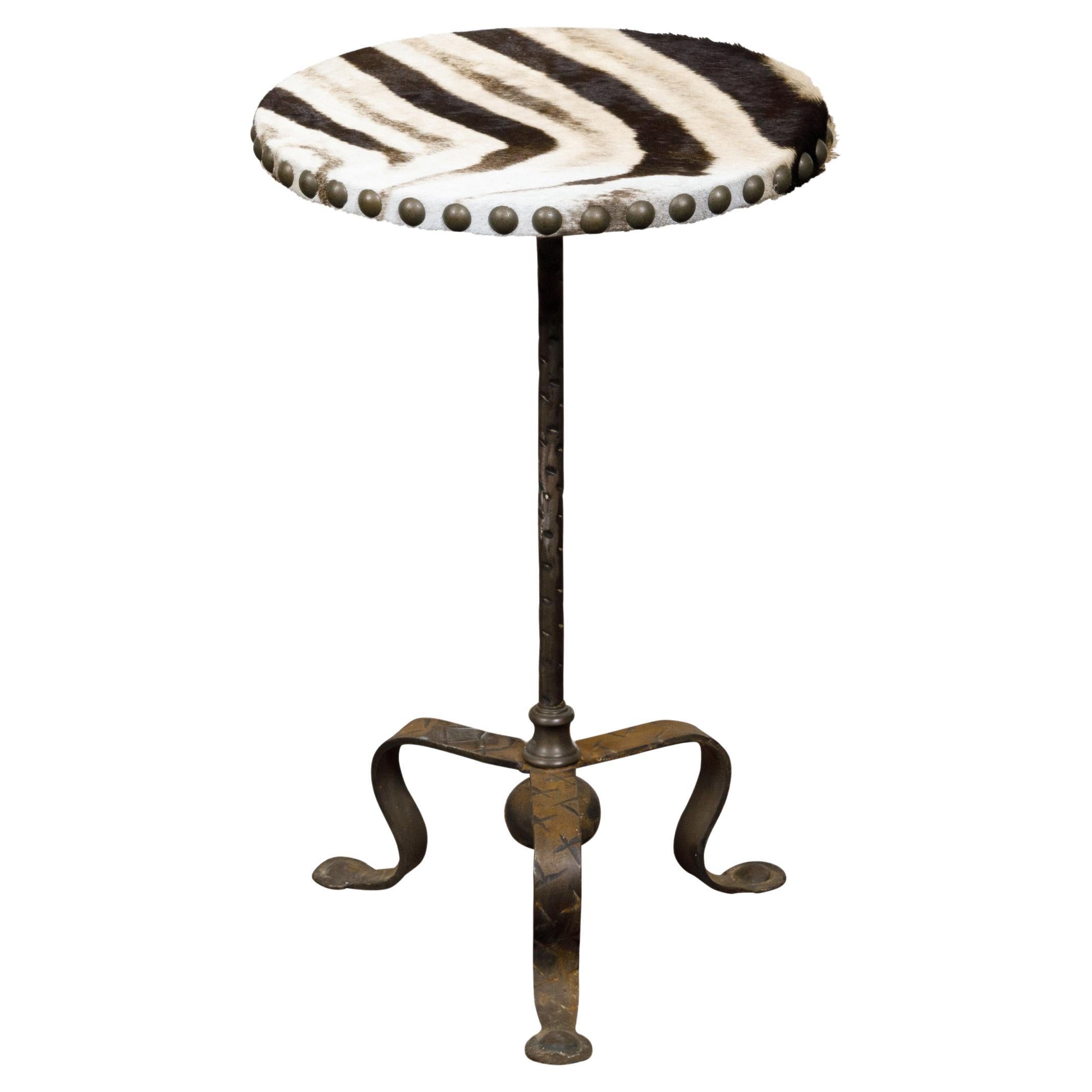 Midcentury French Iron and Zebra Hide Guéridon Table with Tripod Scrolling Base For Sale