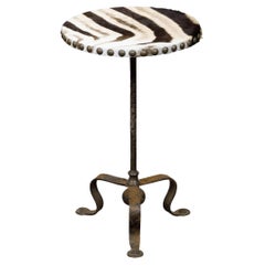 Midcentury French Iron and Zebra Hide Guéridon Table with Tripod Scrolling Base