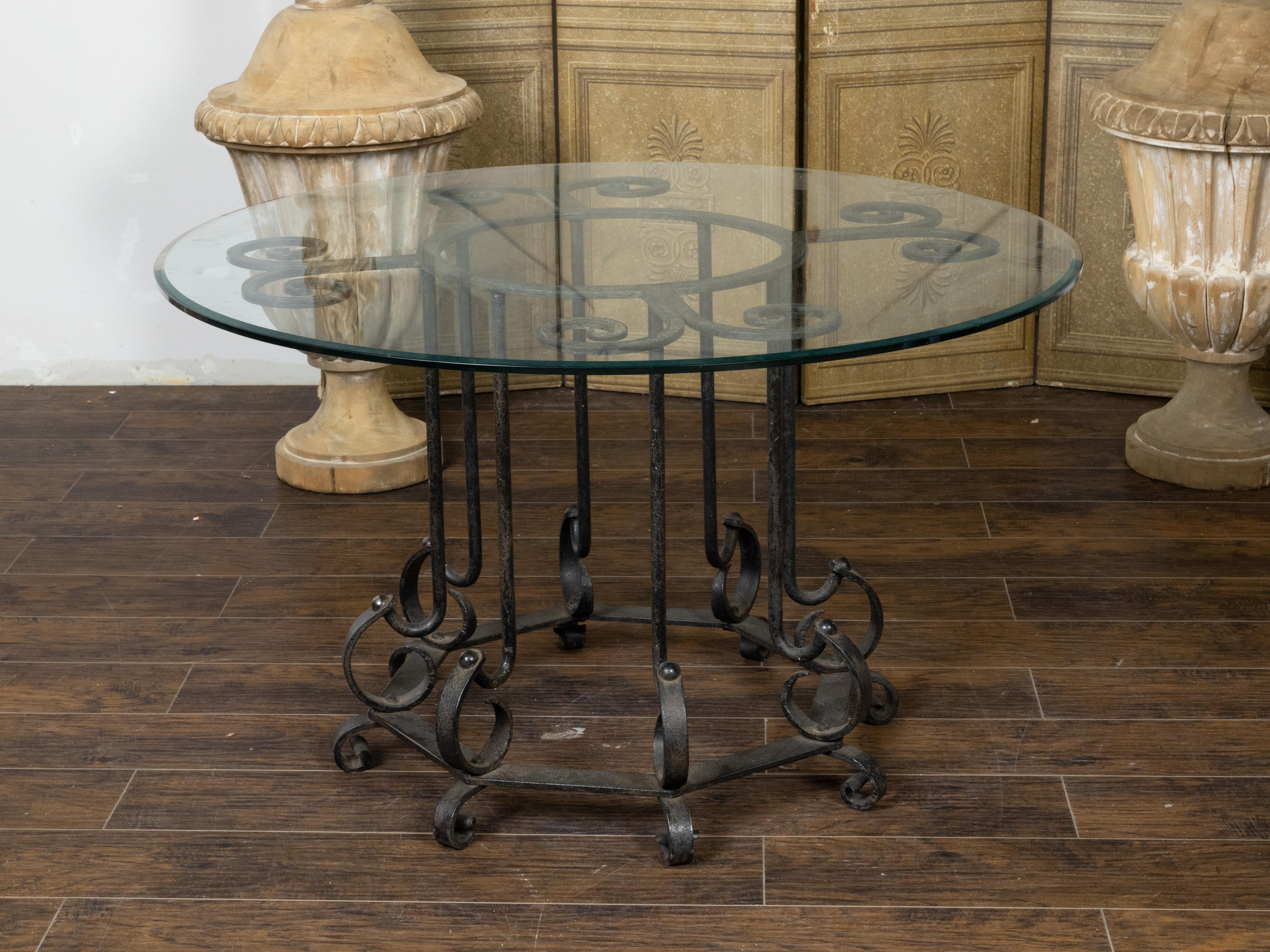 Mid-Century Modern Midcentury French Iron Center Table with Glass Top and Scrolling Motifs