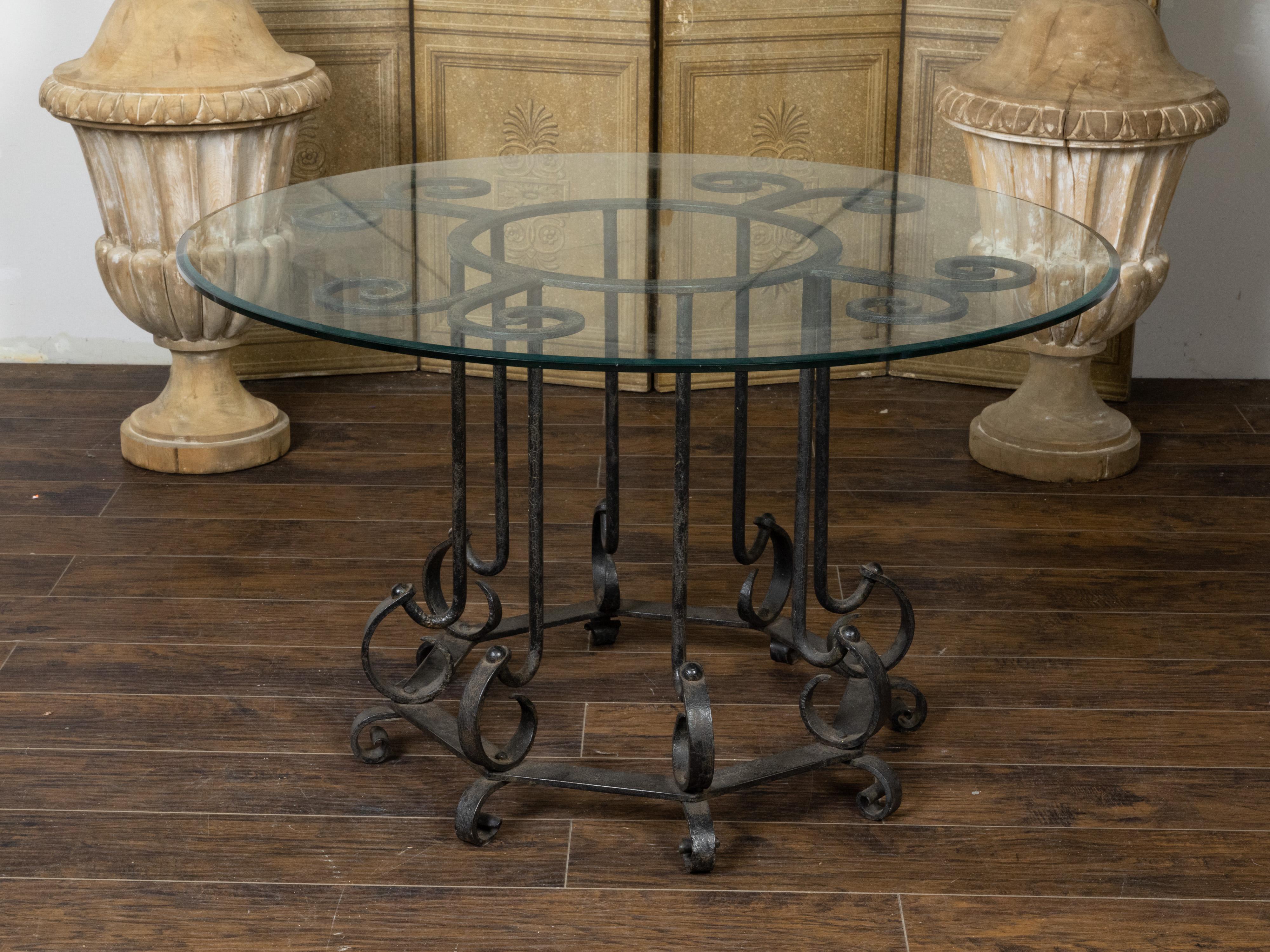 Midcentury French Iron Center Table with Glass Top and Scrolling Motifs In Good Condition In Atlanta, GA