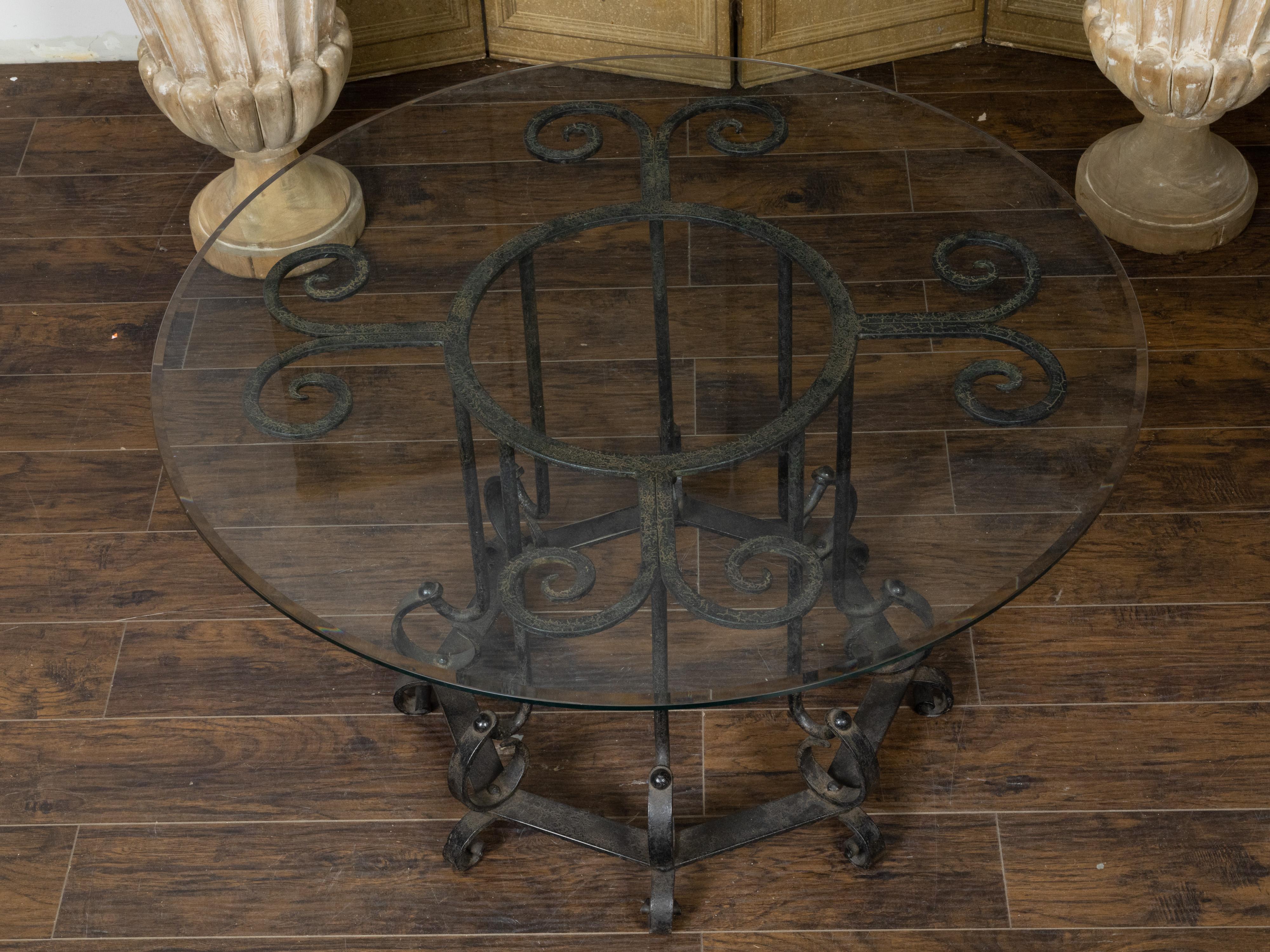 20th Century Midcentury French Iron Center Table with Glass Top and Scrolling Motifs