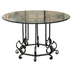Midcentury French Iron Center Table with Glass Top and Scrolling Motifs