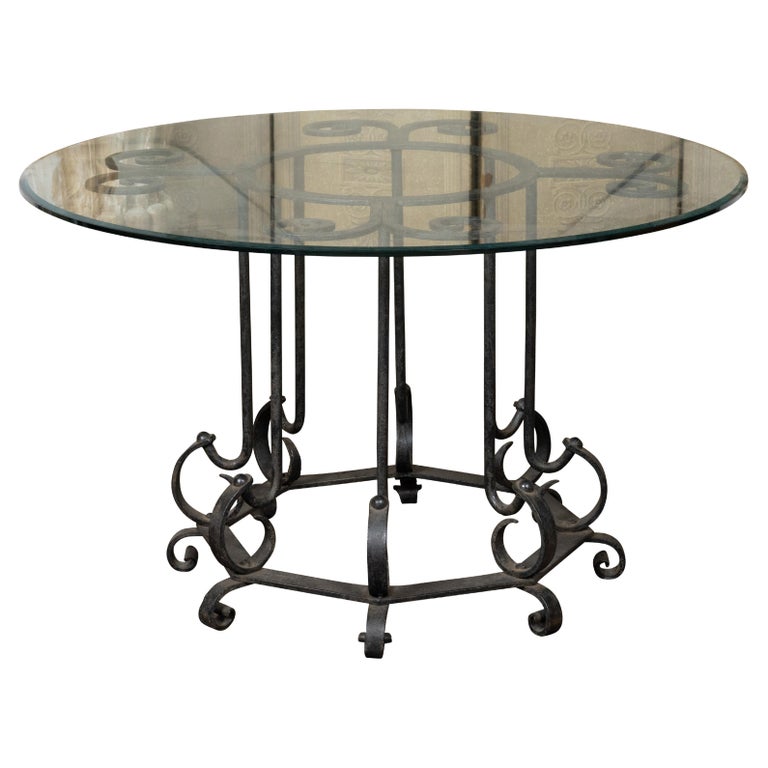 Midcentury French Iron Center Table with Glass Top and Scrolling Motifs
