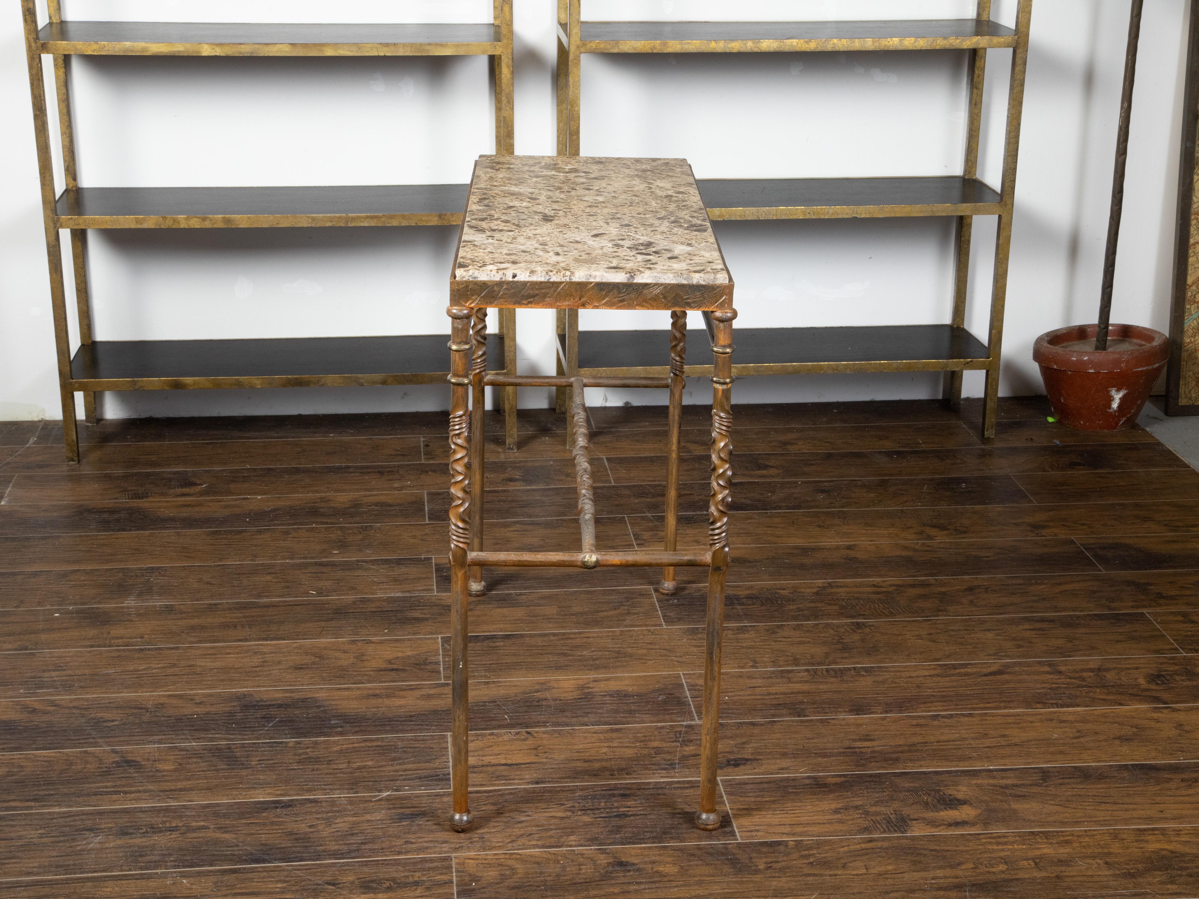 Midcentury French Iron Console Table with Variegated Marble and Wavy