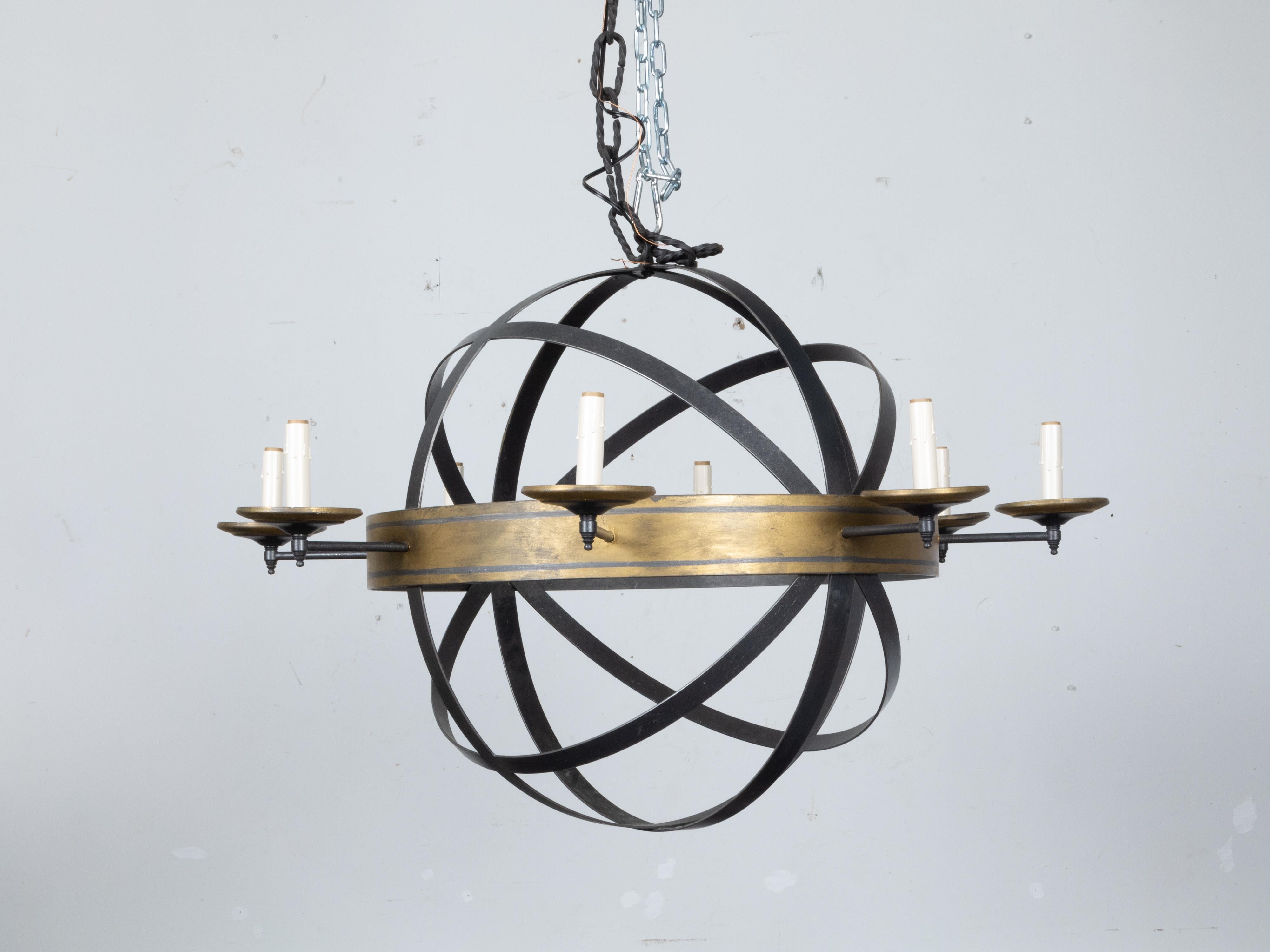 French Niermann Weeks Iron Eight-Light Armillary Chandelier with Gilt Ring