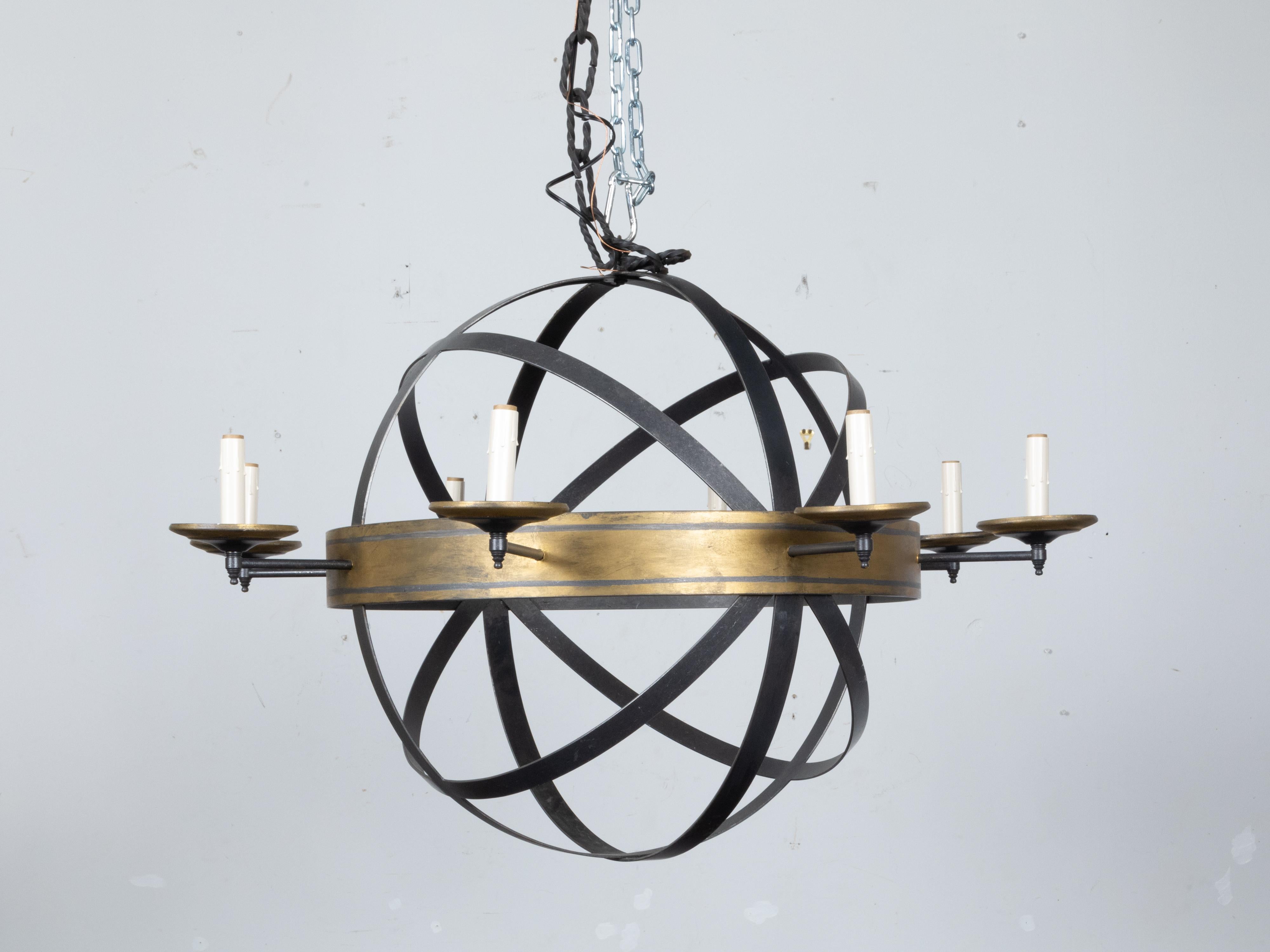 Niermann Weeks Iron Eight-Light Armillary Chandelier with Gilt Ring In Good Condition In Atlanta, GA