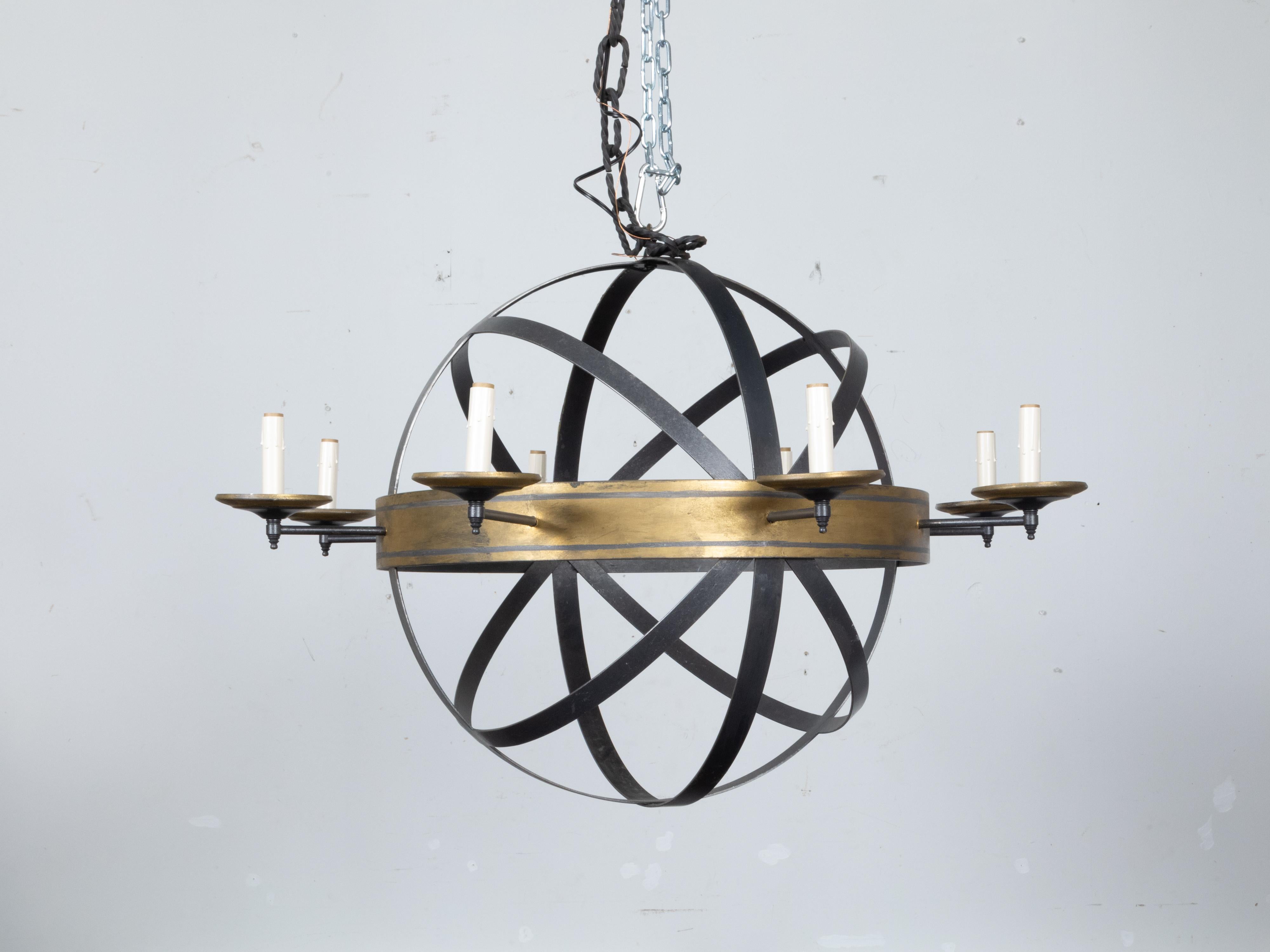 20th Century Niermann Weeks Iron Eight-Light Armillary Chandelier with Gilt Ring