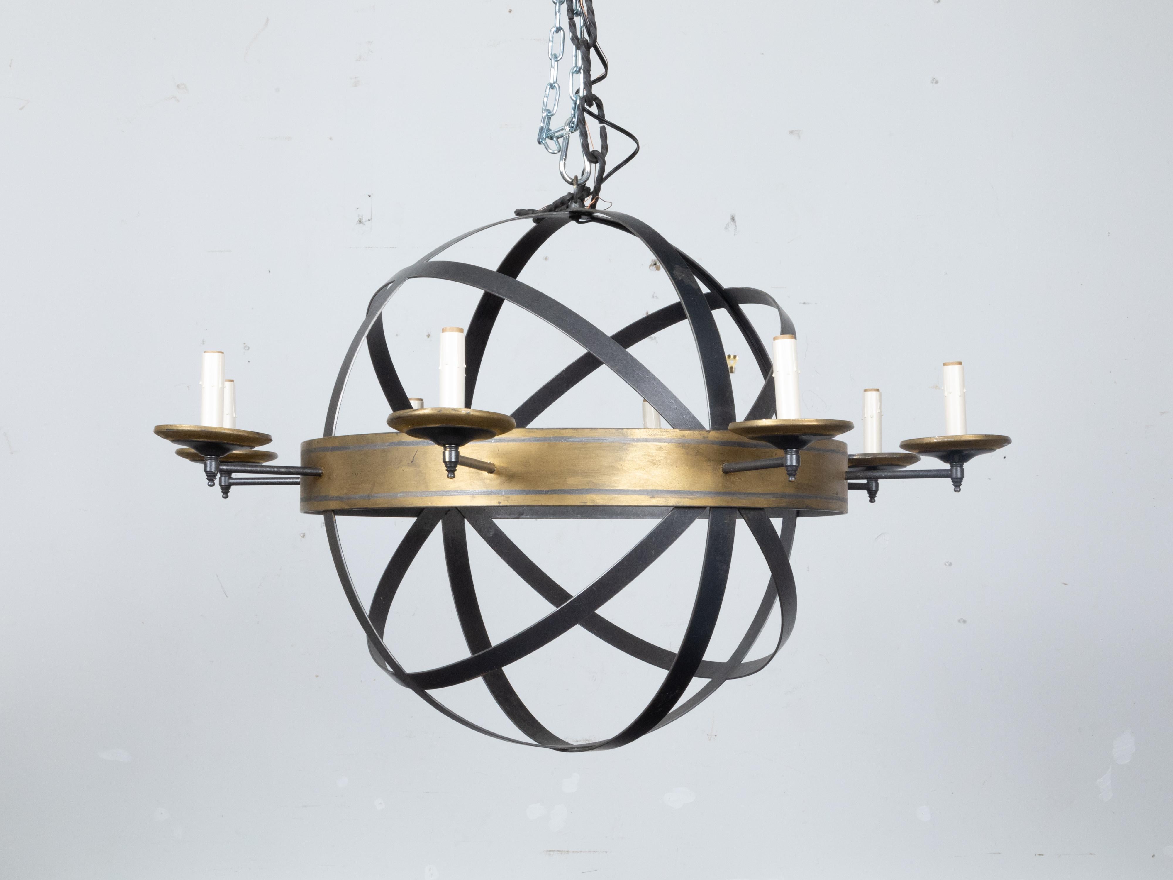 Niermann Weeks Iron Eight-Light Armillary Chandelier with Gilt Ring 3