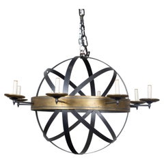 Midcentury French Iron Eight-Light Armillary Chandelier with Gilt Ring