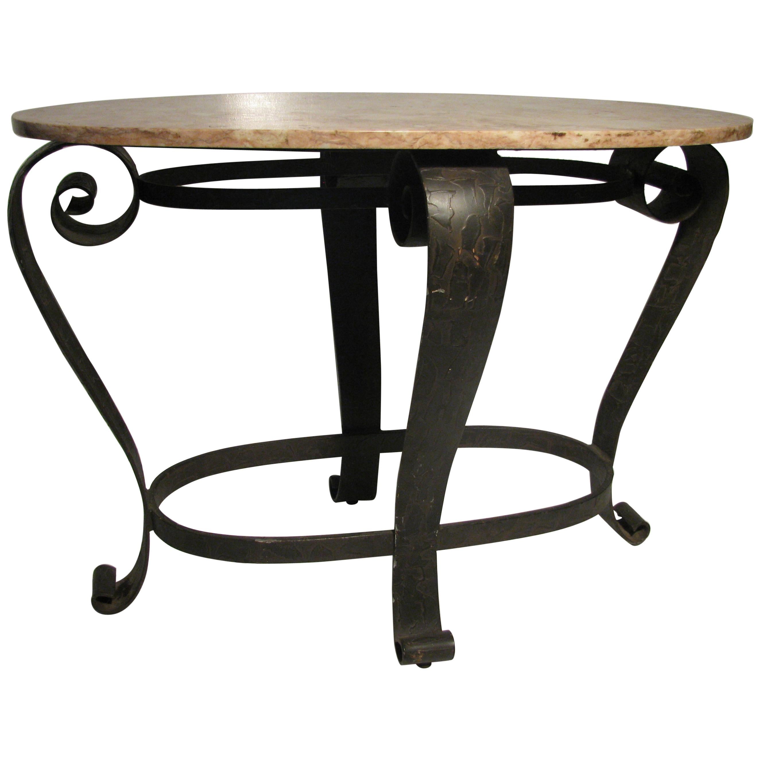 Mid Century French Bronzed Iron & Pink Rose Marble-Top Center Console Table