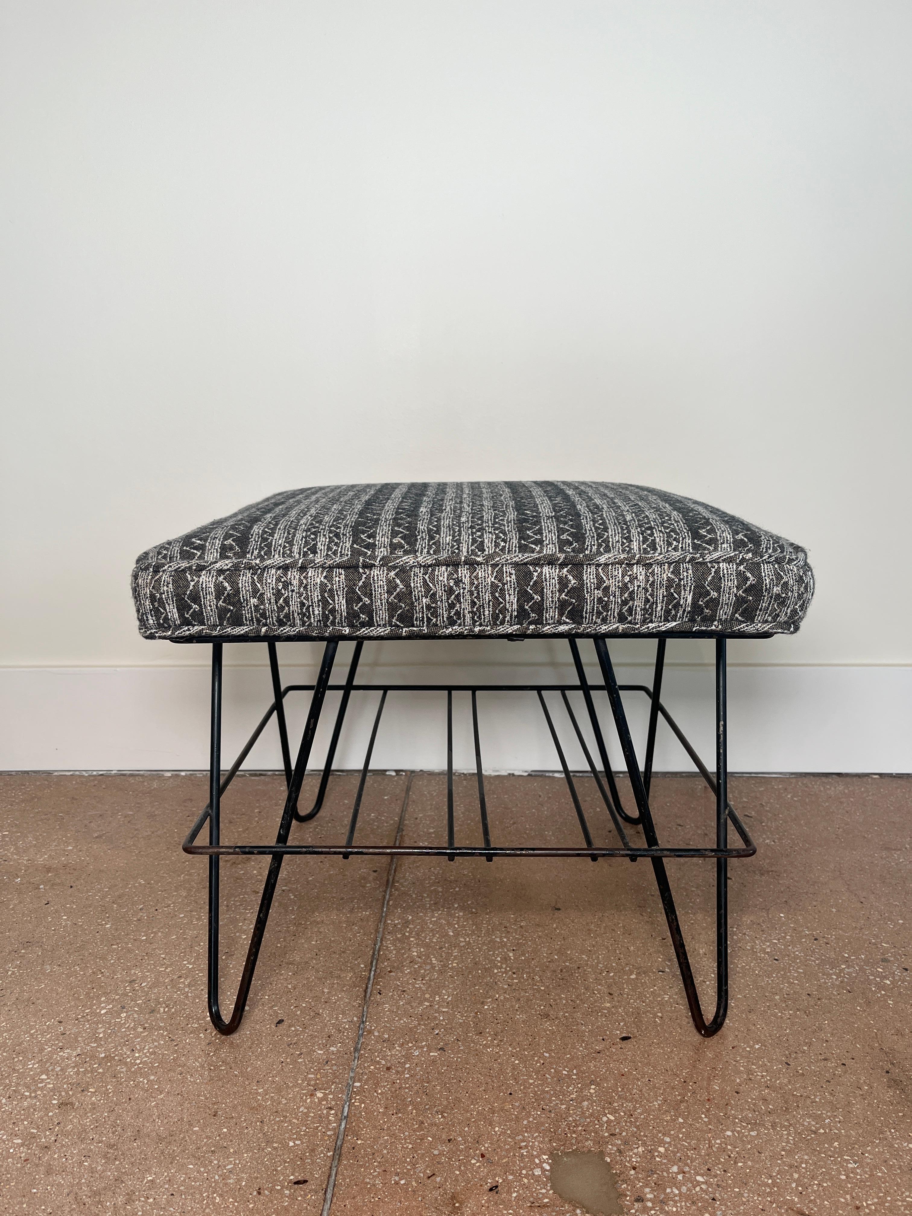 20th Century Midcentury French Iron Ottoman with Hairpin Legs and Upholstered Top For Sale