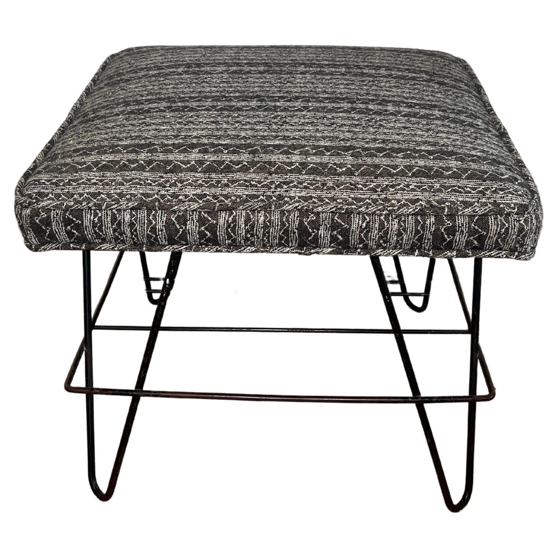 Midcentury French Iron Ottoman with Hairpin Legs and Upholstered Top