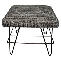 Retro Midcentury French Iron Ottoman with Hairpin Legs and Upholstered Top