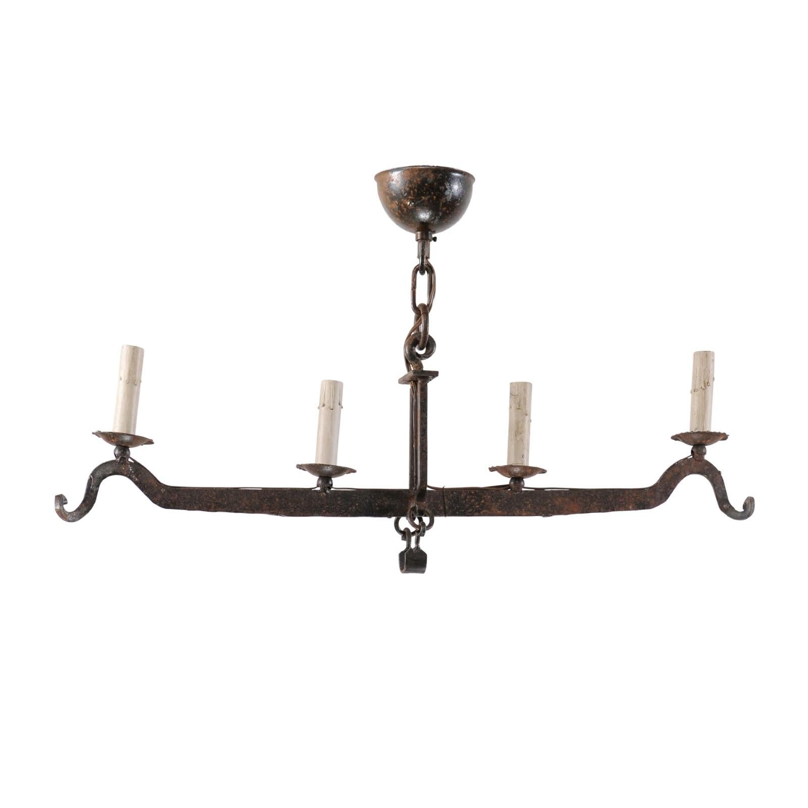 Midcentury French Iron Scale 4-Light Chandelier