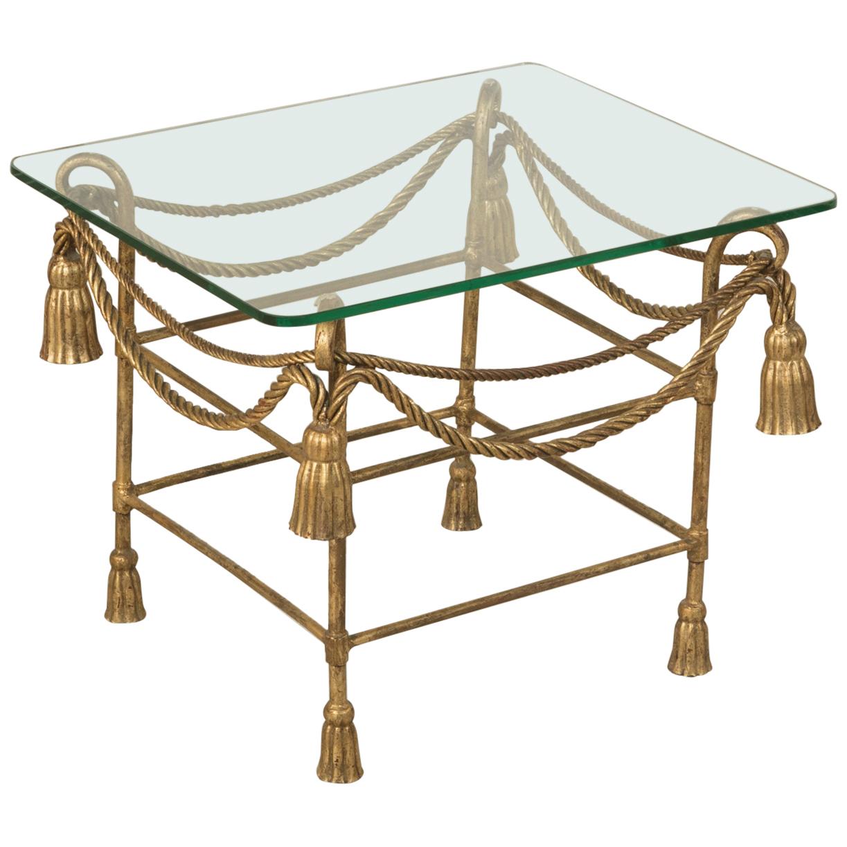 Midcentury French Jean-Charles Moreux Gilt Iron and Glass Side Table, End Table
