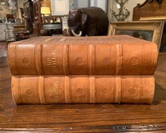 Midcentury French Leather Bound Two-Volume Holy Bible Dated 1953