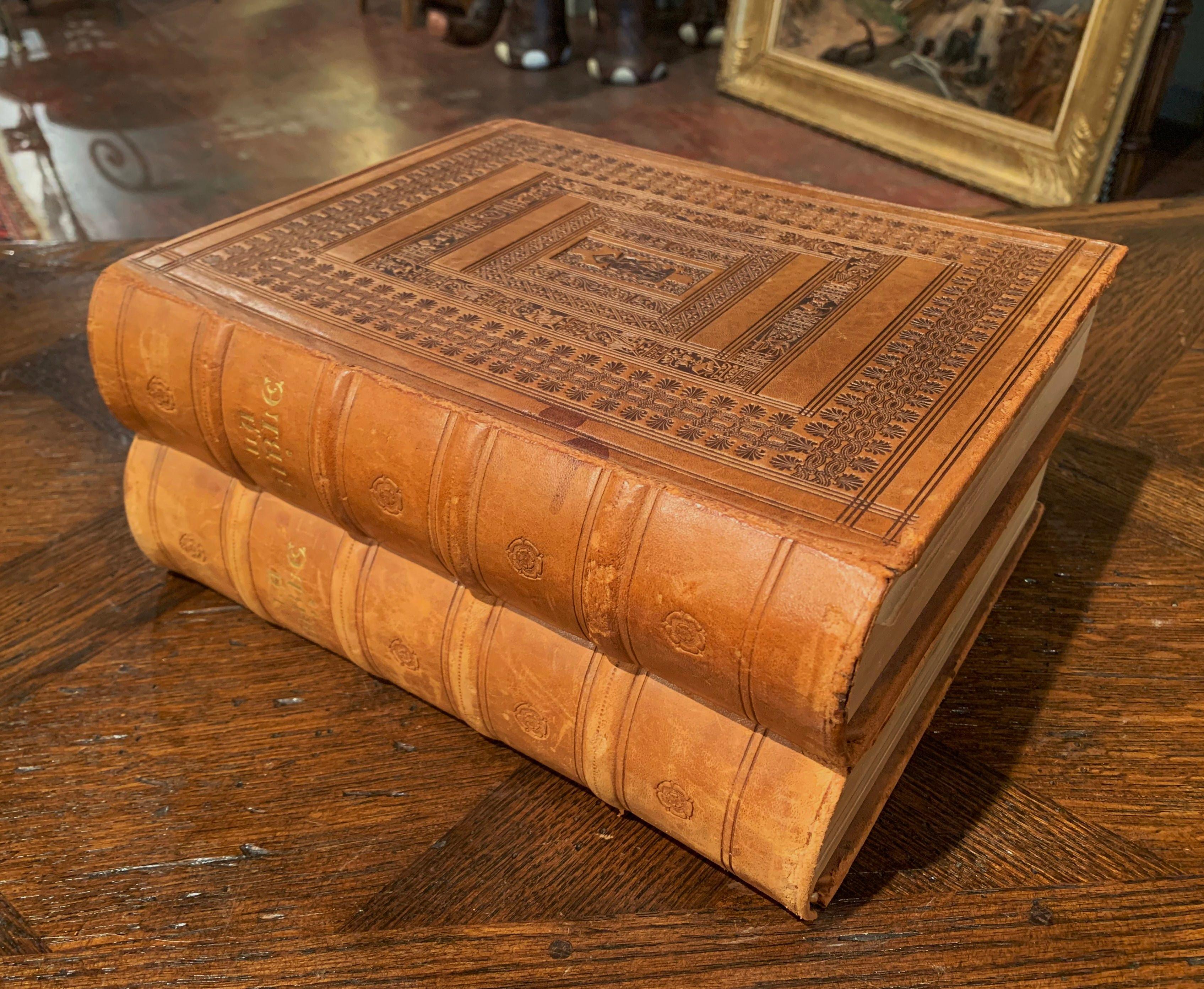 Hand-Crafted Midcentury French Leather Bound Two-Volume Holy Bible Dated 1953 For Sale